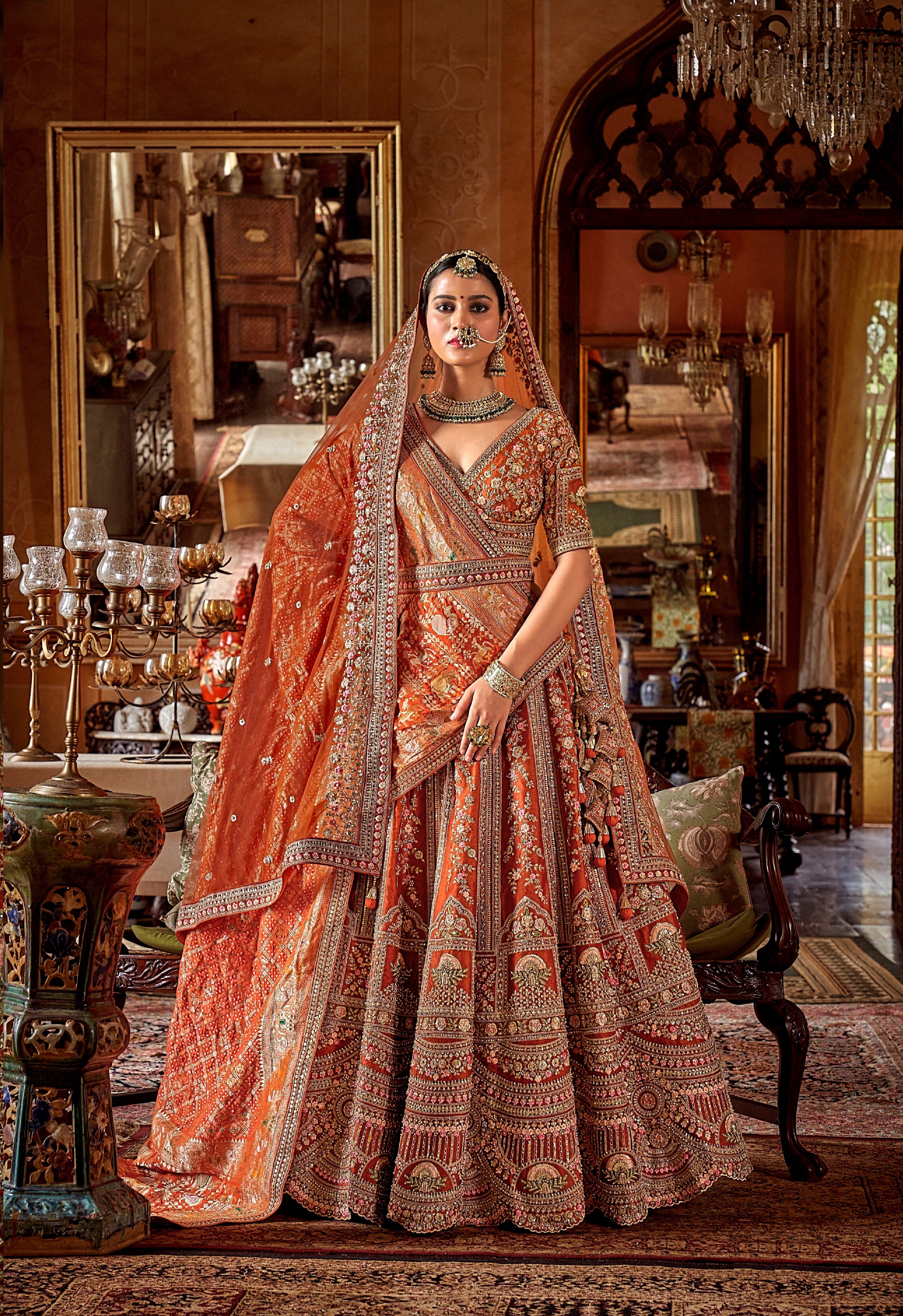 Orange Bridal Tone Silk Embroidery Work Lehenga