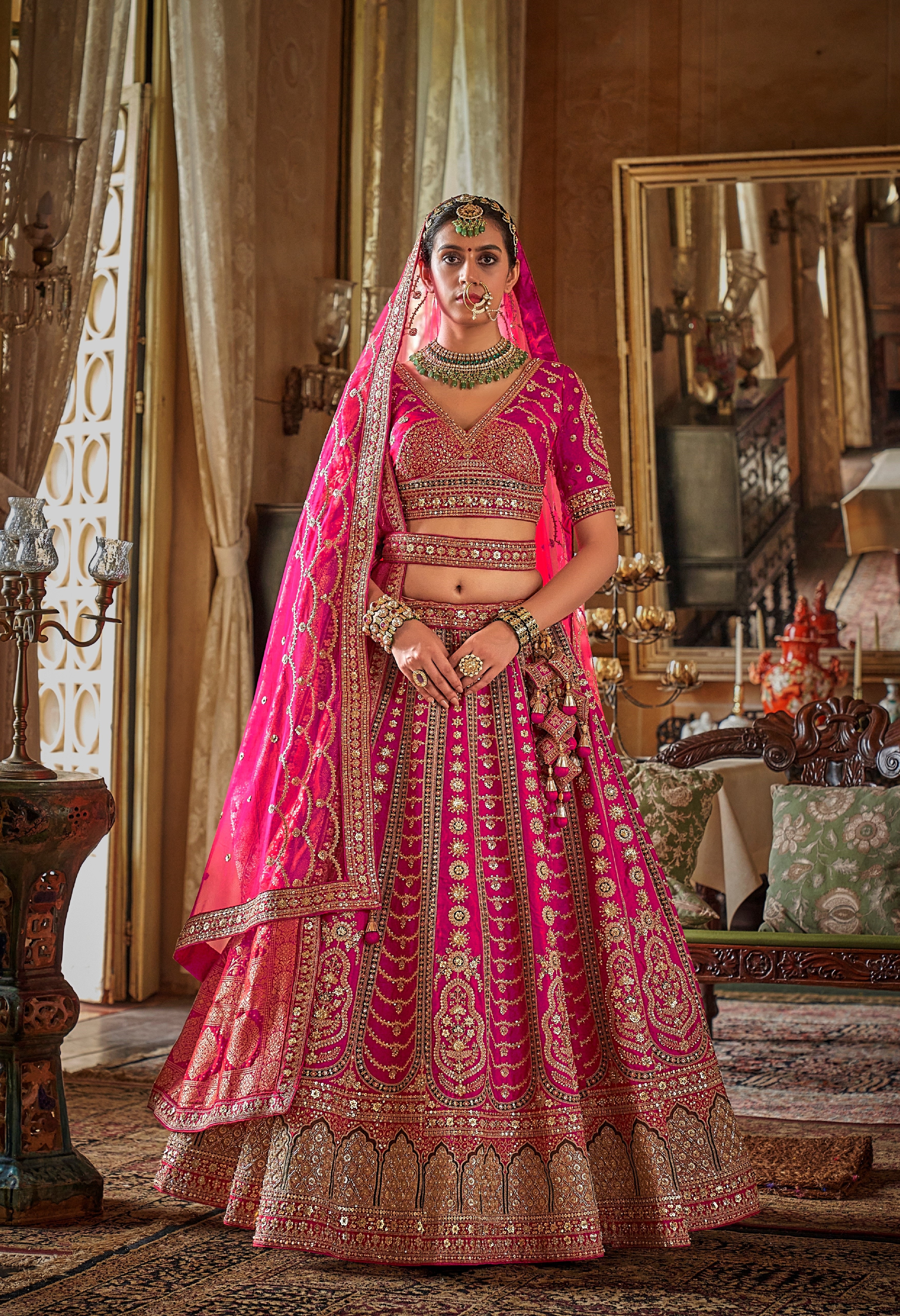 Pink Bridal Tone Silk Embroidery Work Lehenga