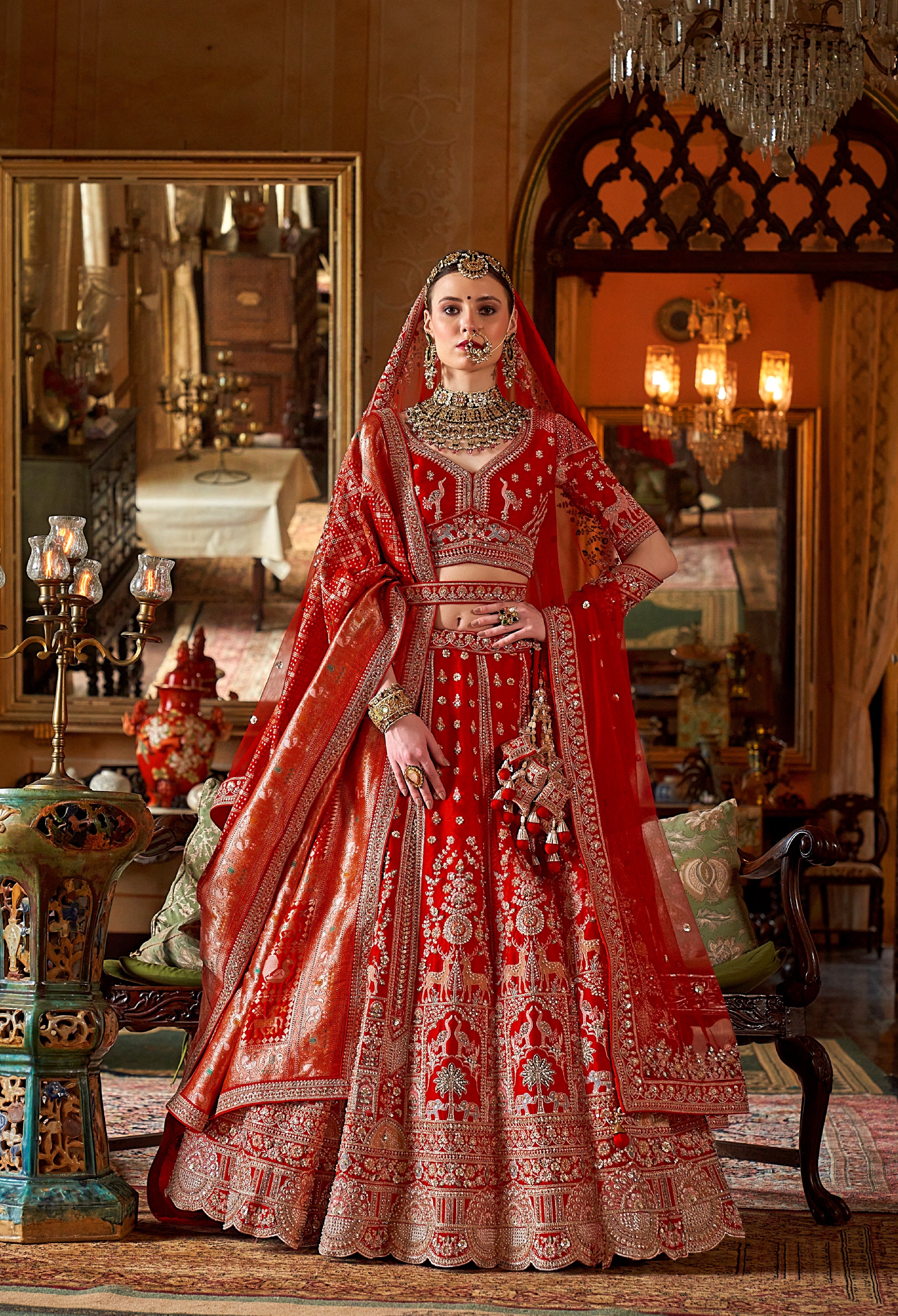 Red Sabyasachi Style Bridal Silk Embroidered Lehenga