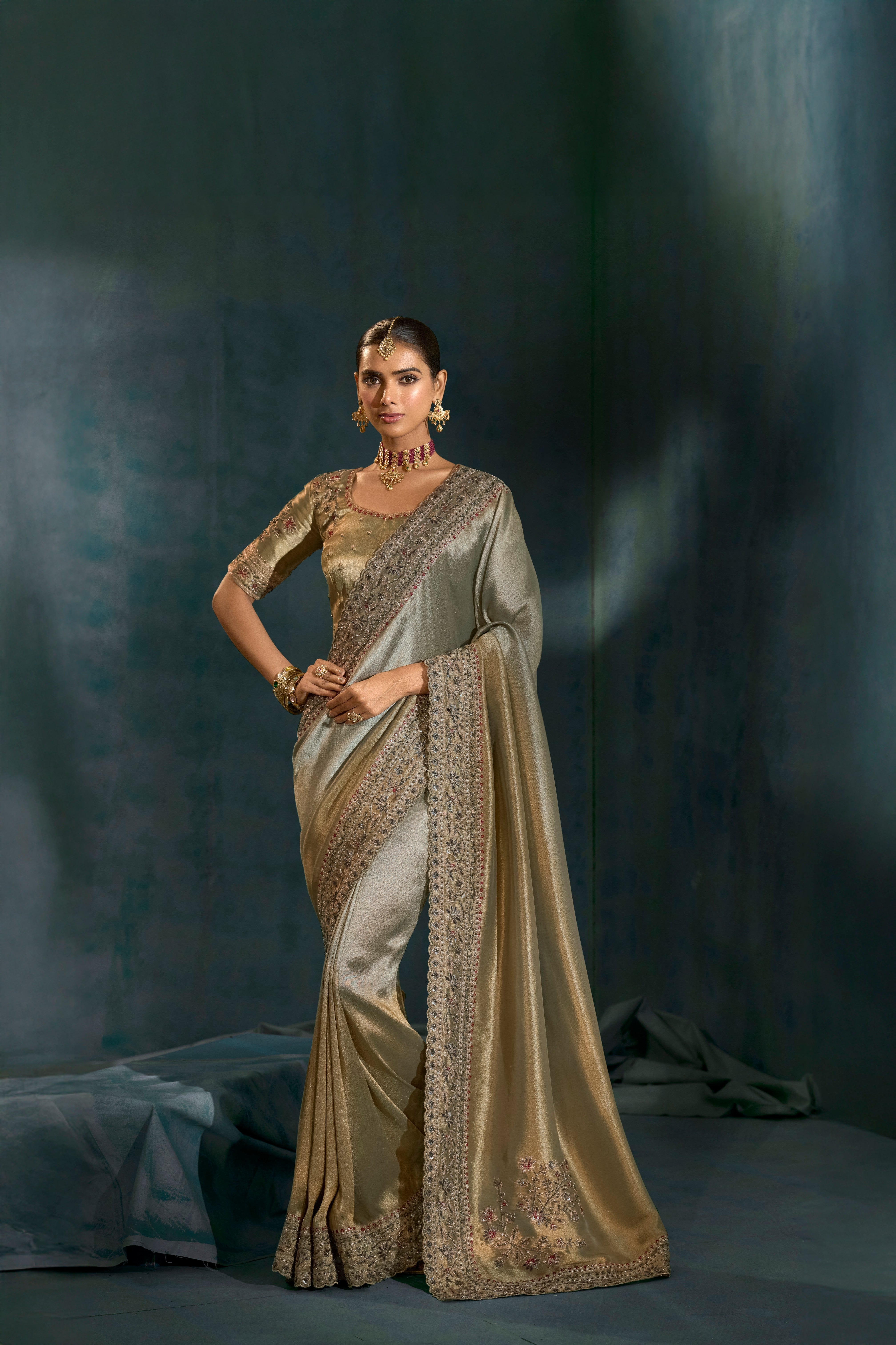 Grey Pure Giraffe Silk Mirror Handwork Saree