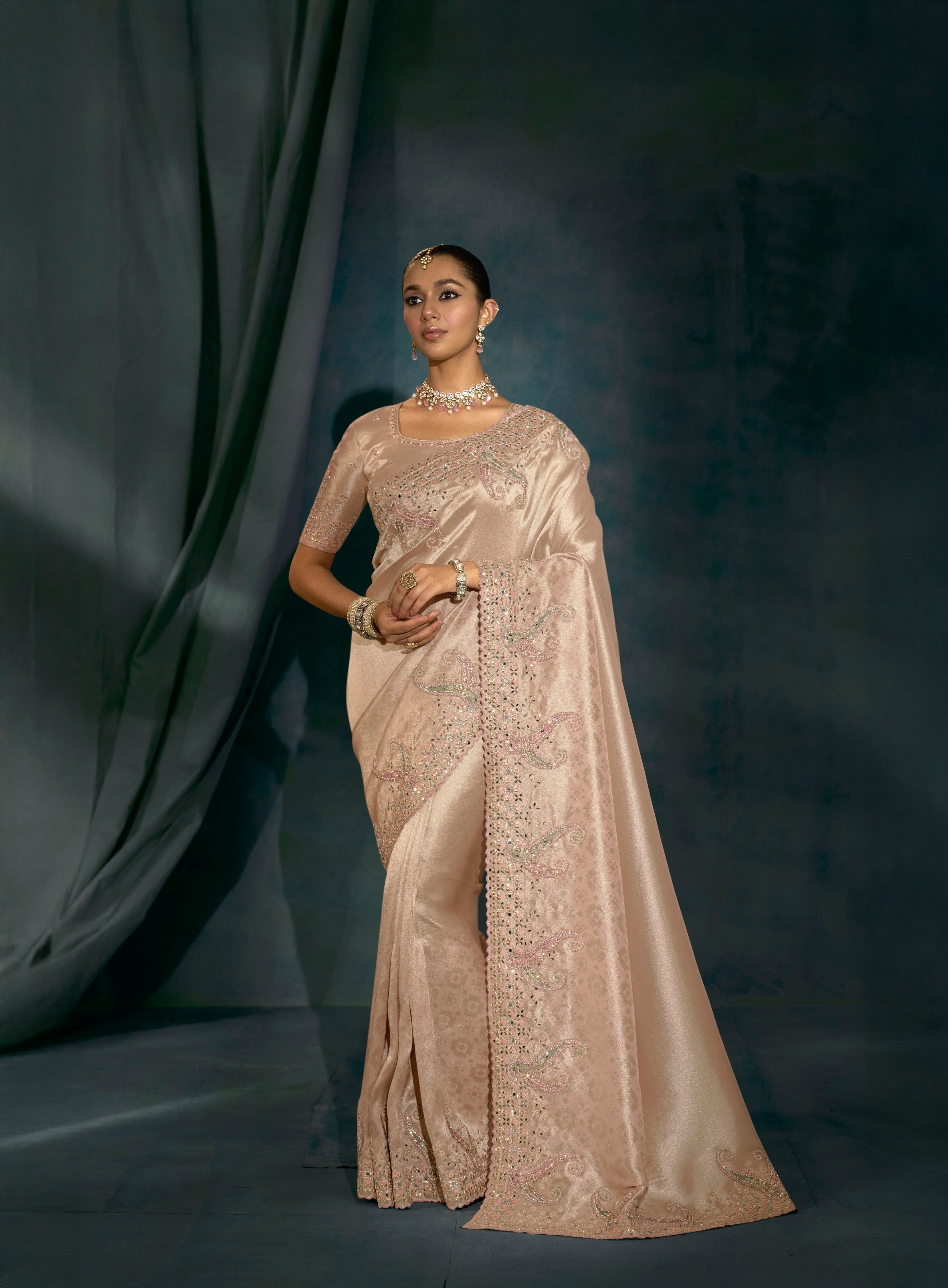 Rose Gold Pure Giraffe Silk Zari Thread Handwork Saree