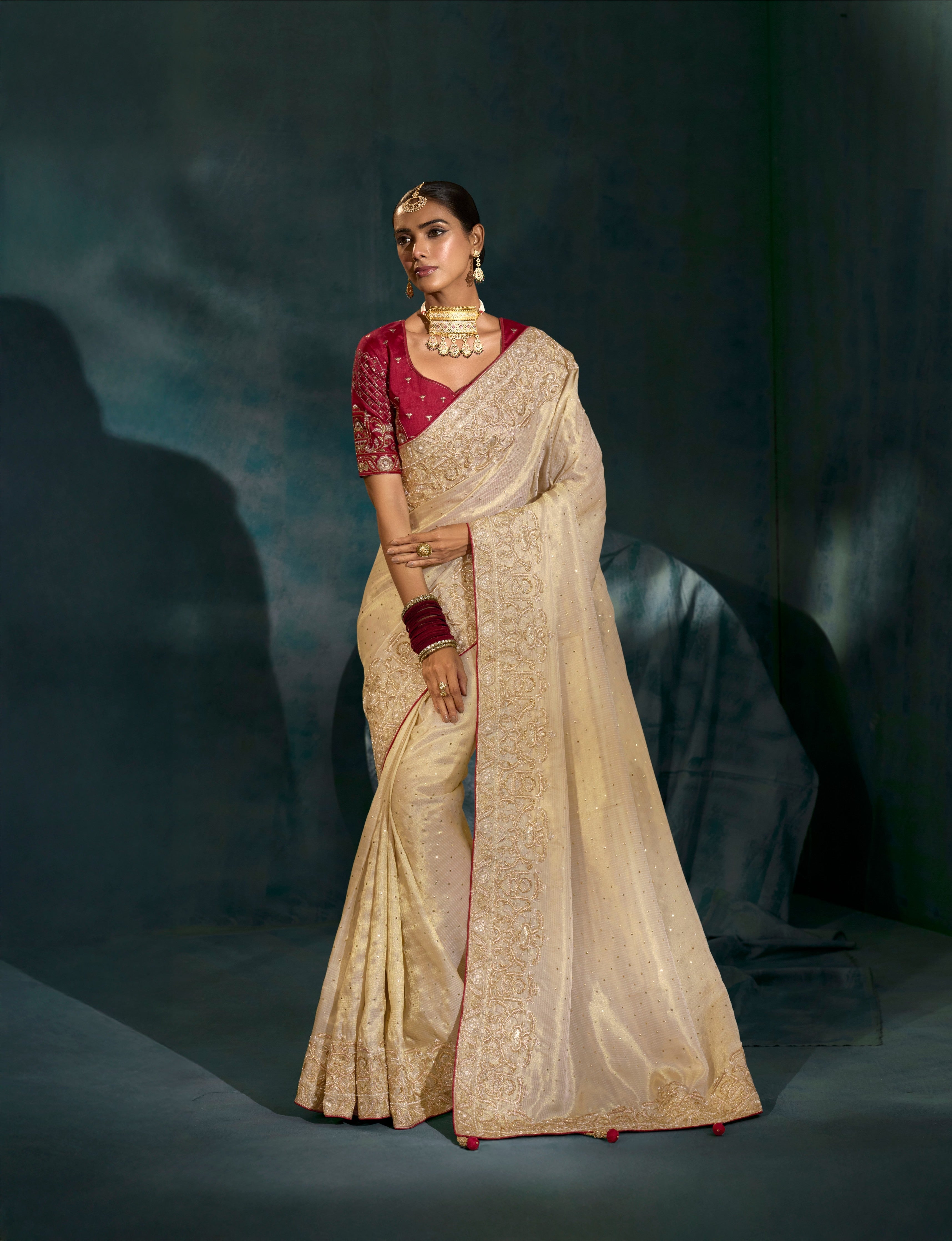 Cream Pure Giraffe Silk Zari Handwork Saree