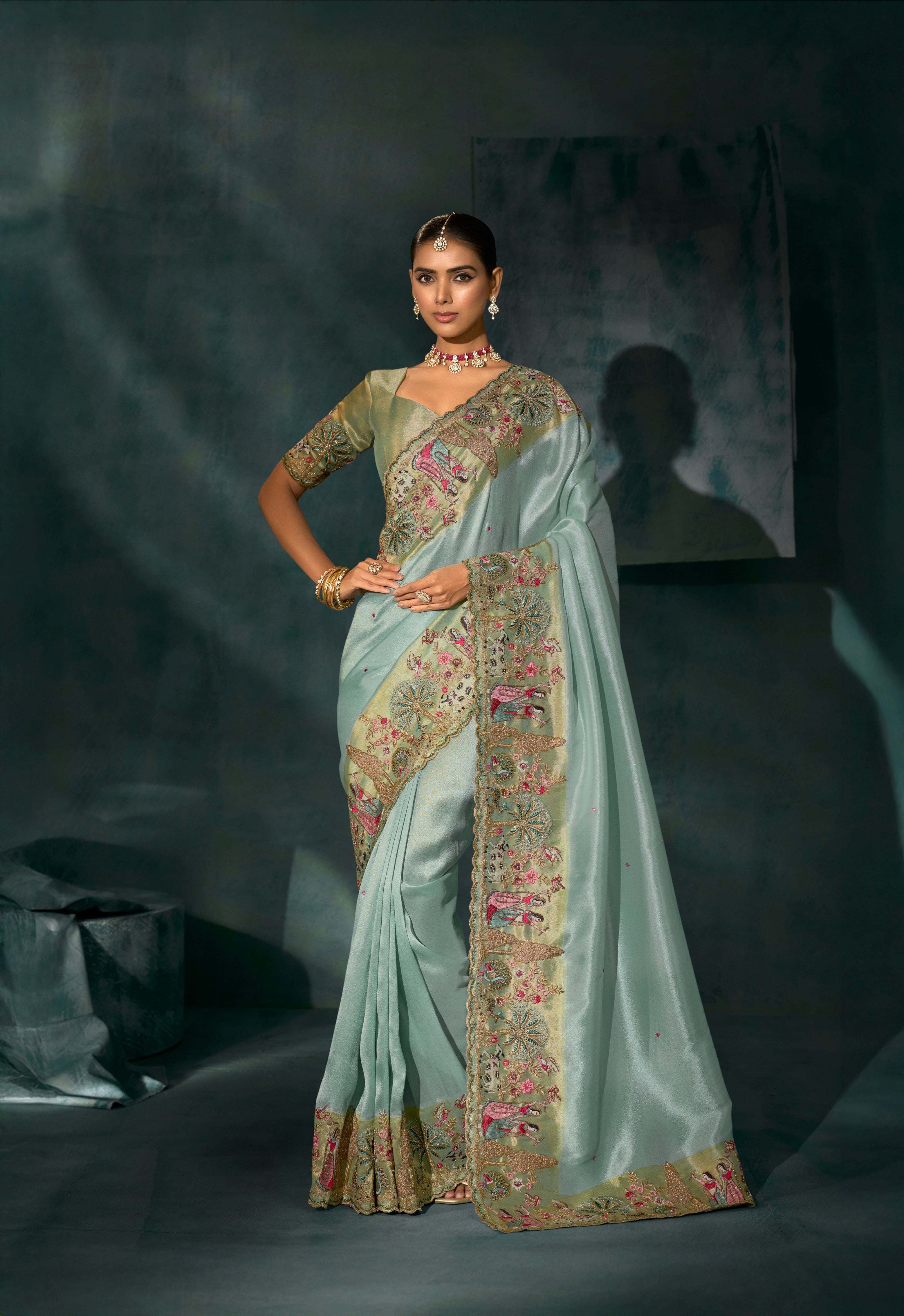 Sea Green Pure Giraffe Silk Zari Thread Work Saree