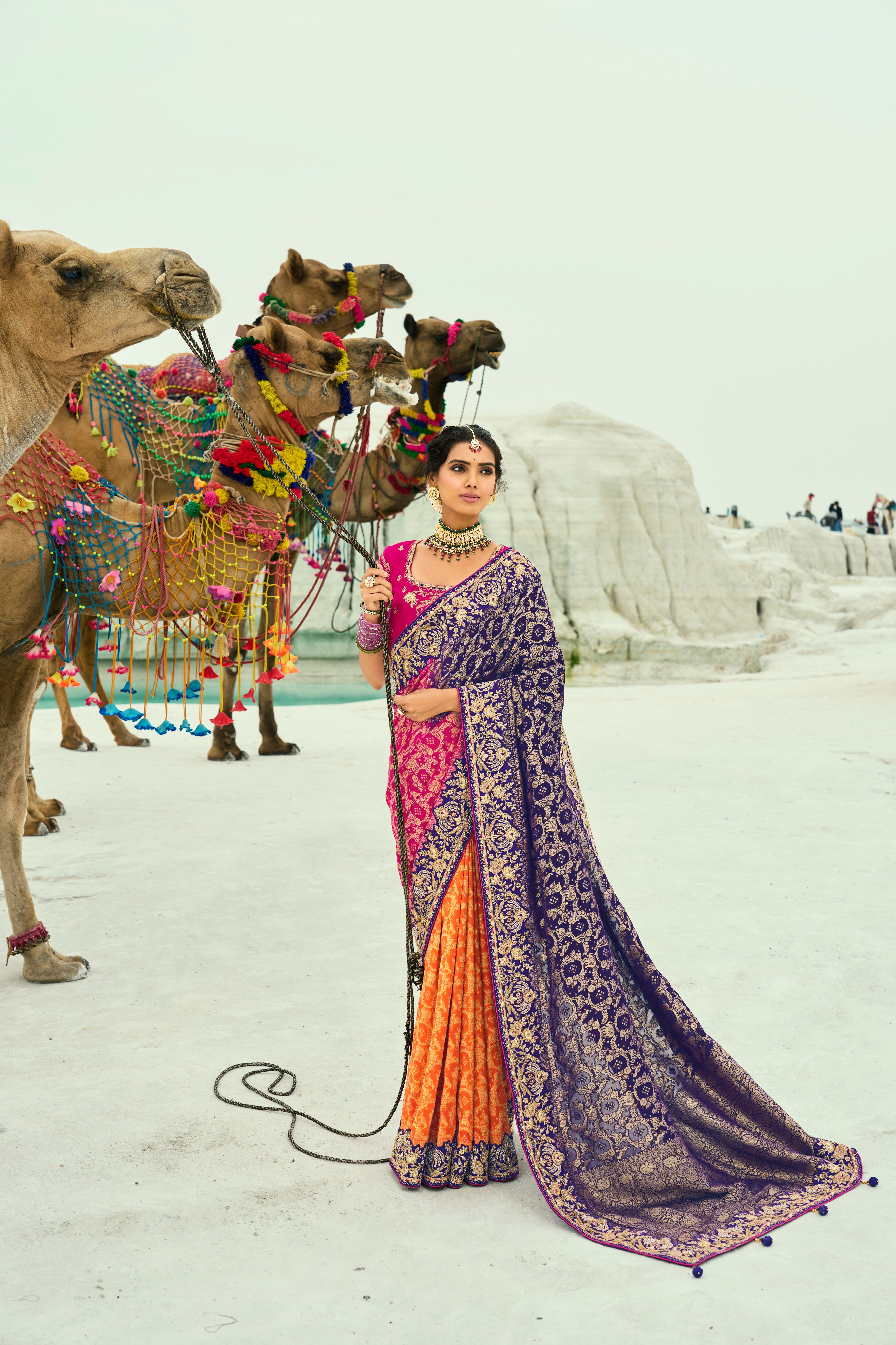 Purple Rani Orange Pure Georgette Work Saree