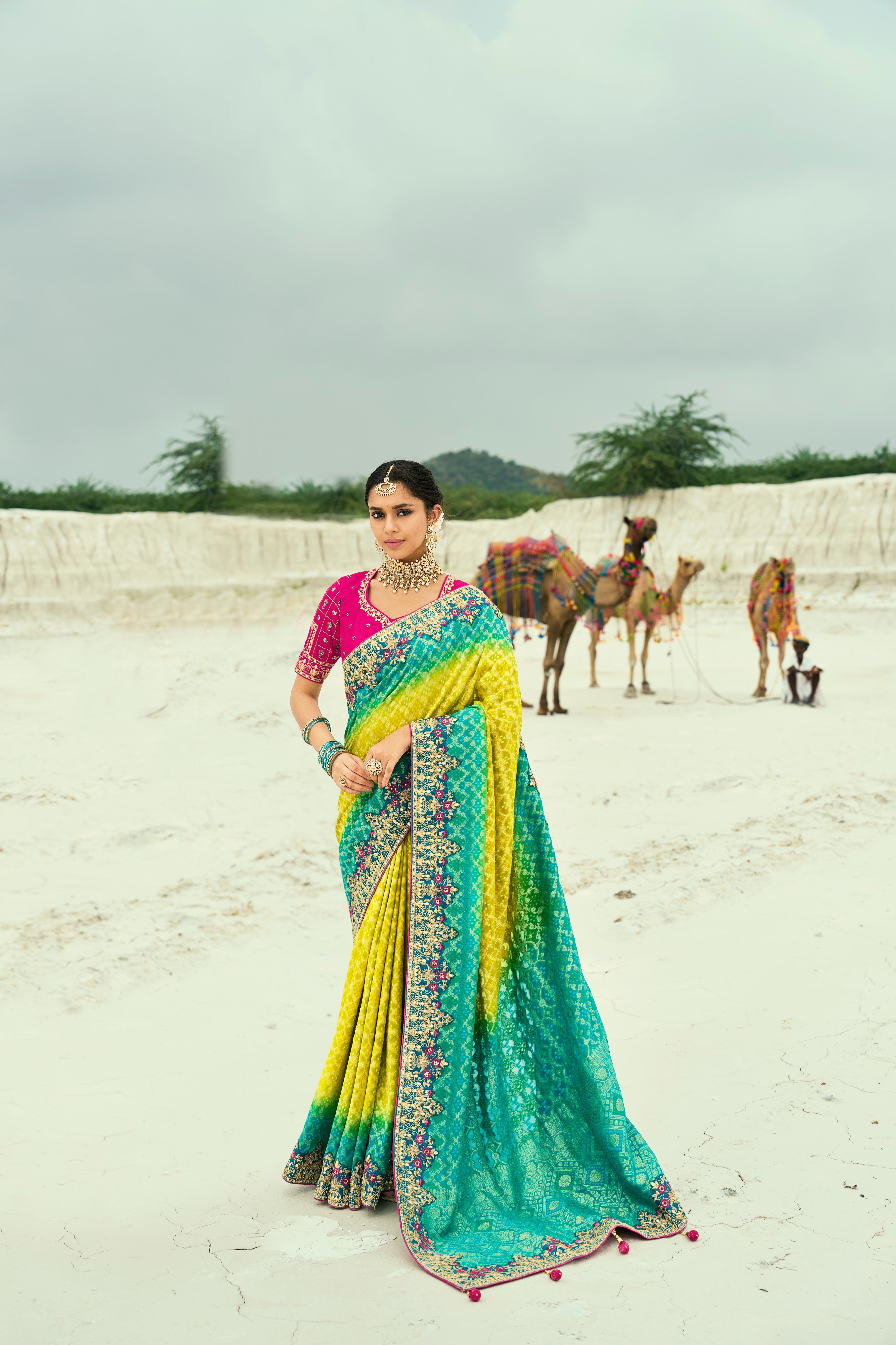 Yellow Rama Pure Georgette Work Saree