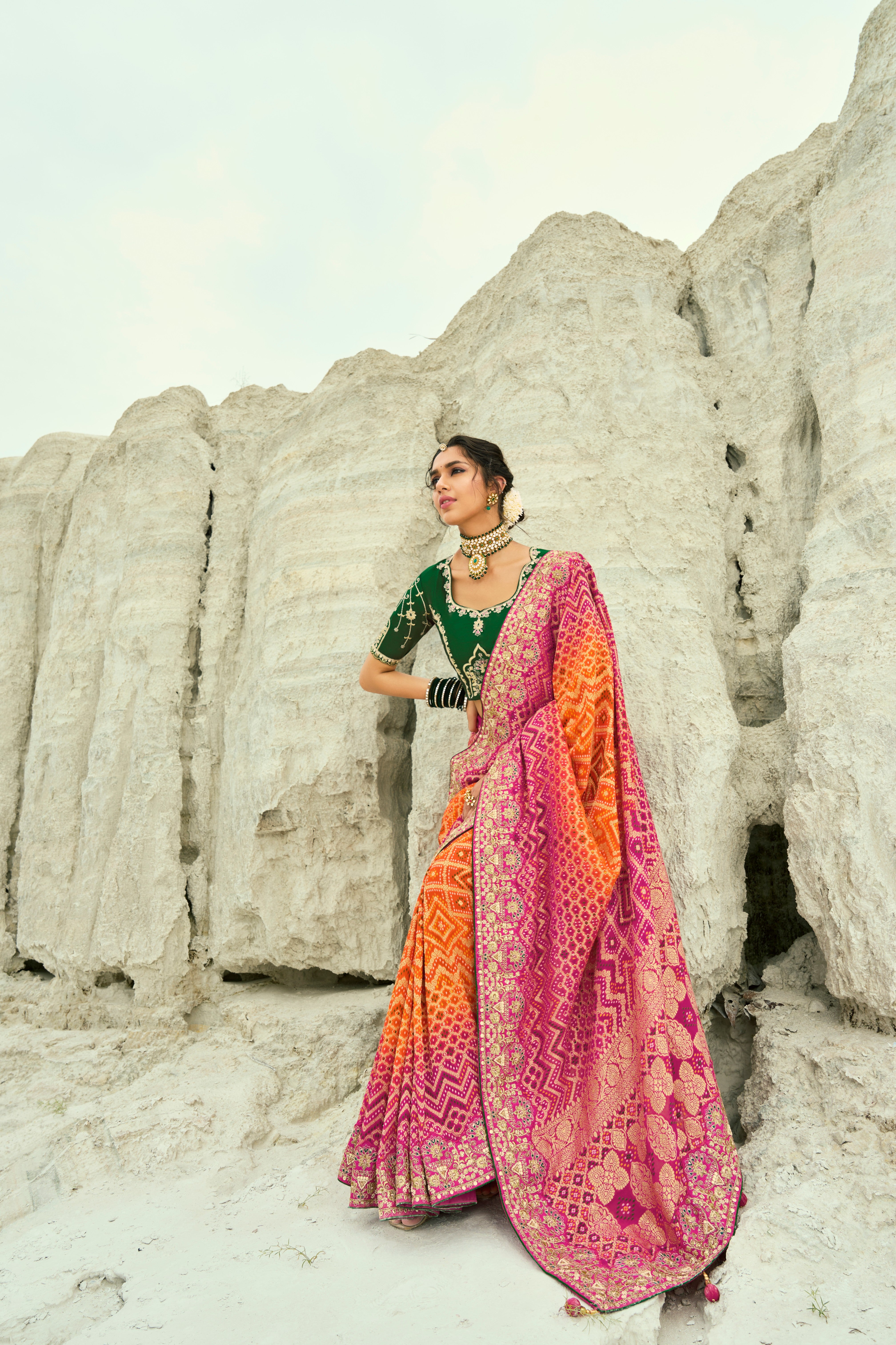 Orange Rani Pure Georgette Work Saree