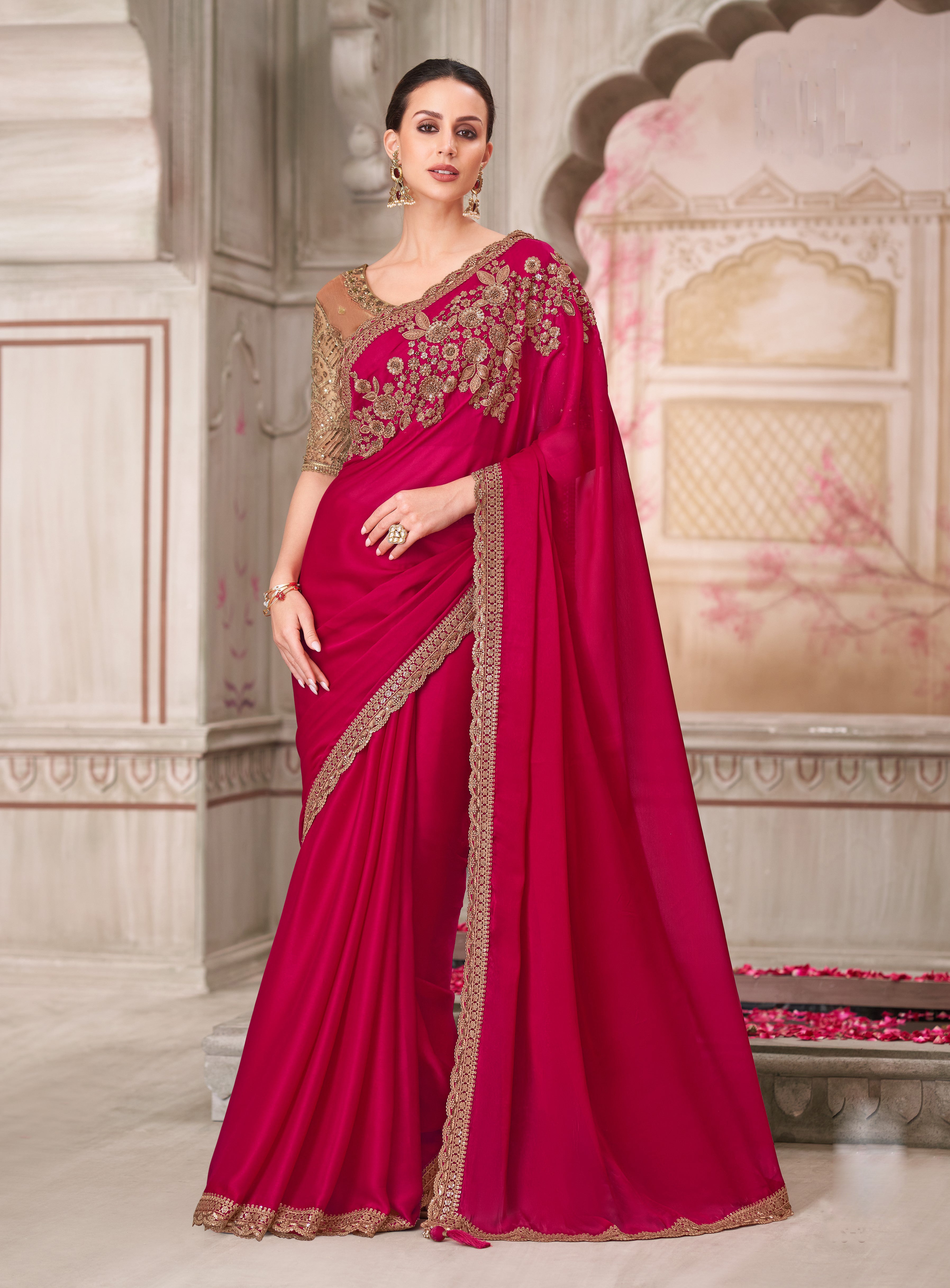 Cherry Blossom Satin Silk Handwork Saree