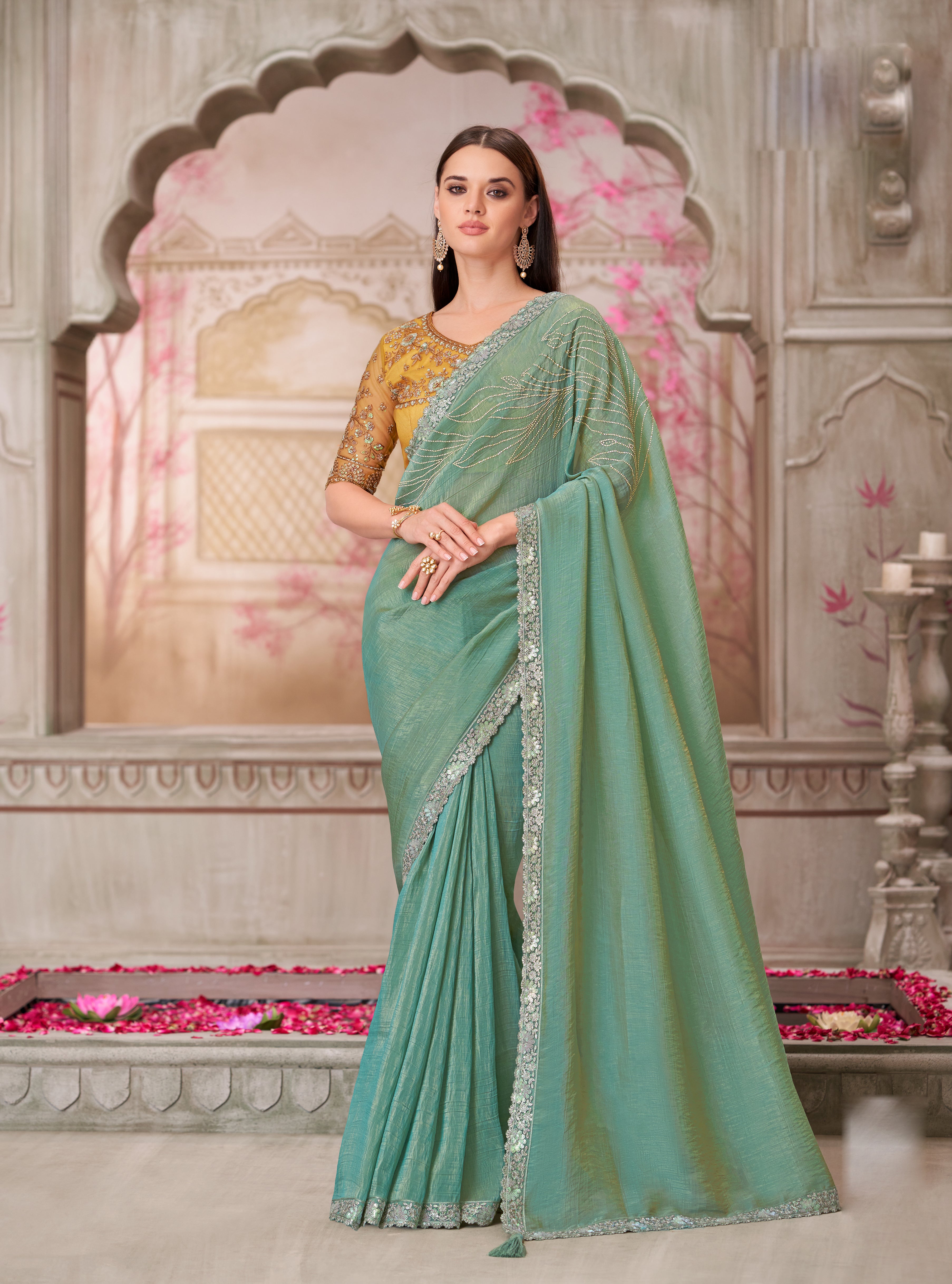 Pista Satin Tussar Silk Handwork Saree