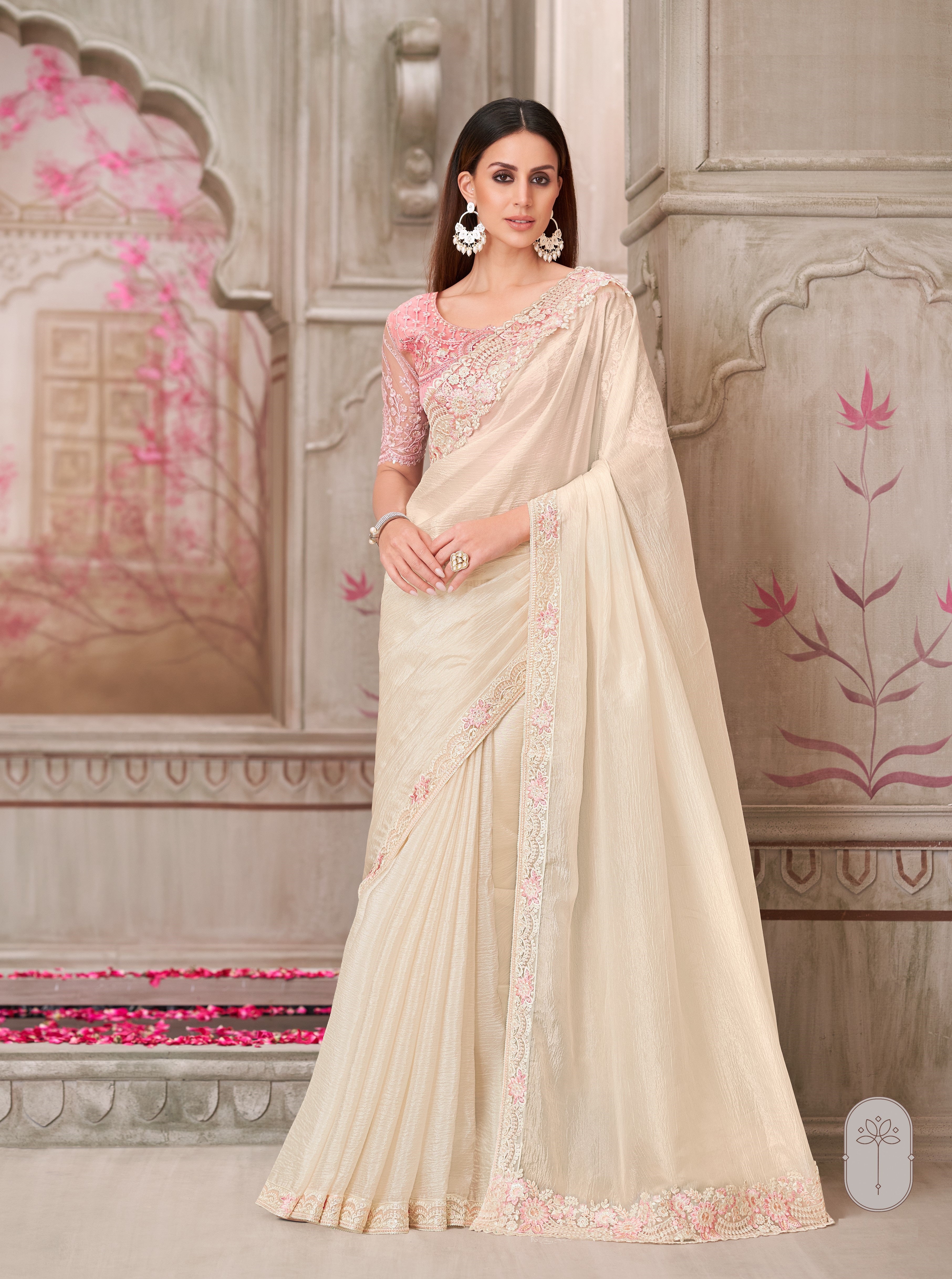 Pearl White Satin Silk Handwork Designer Saree