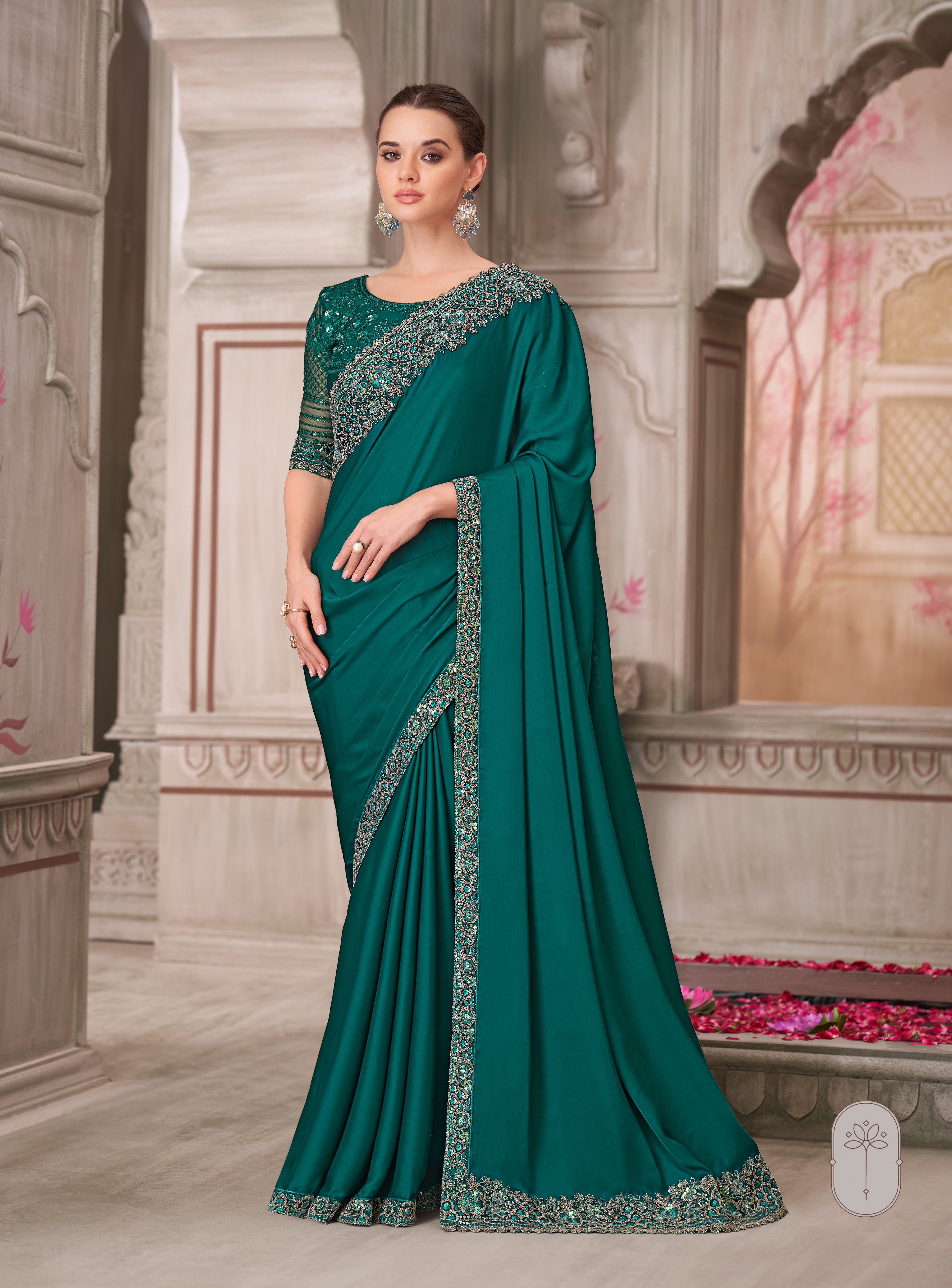 Peacock Satin Silk Handwork Designer Saree