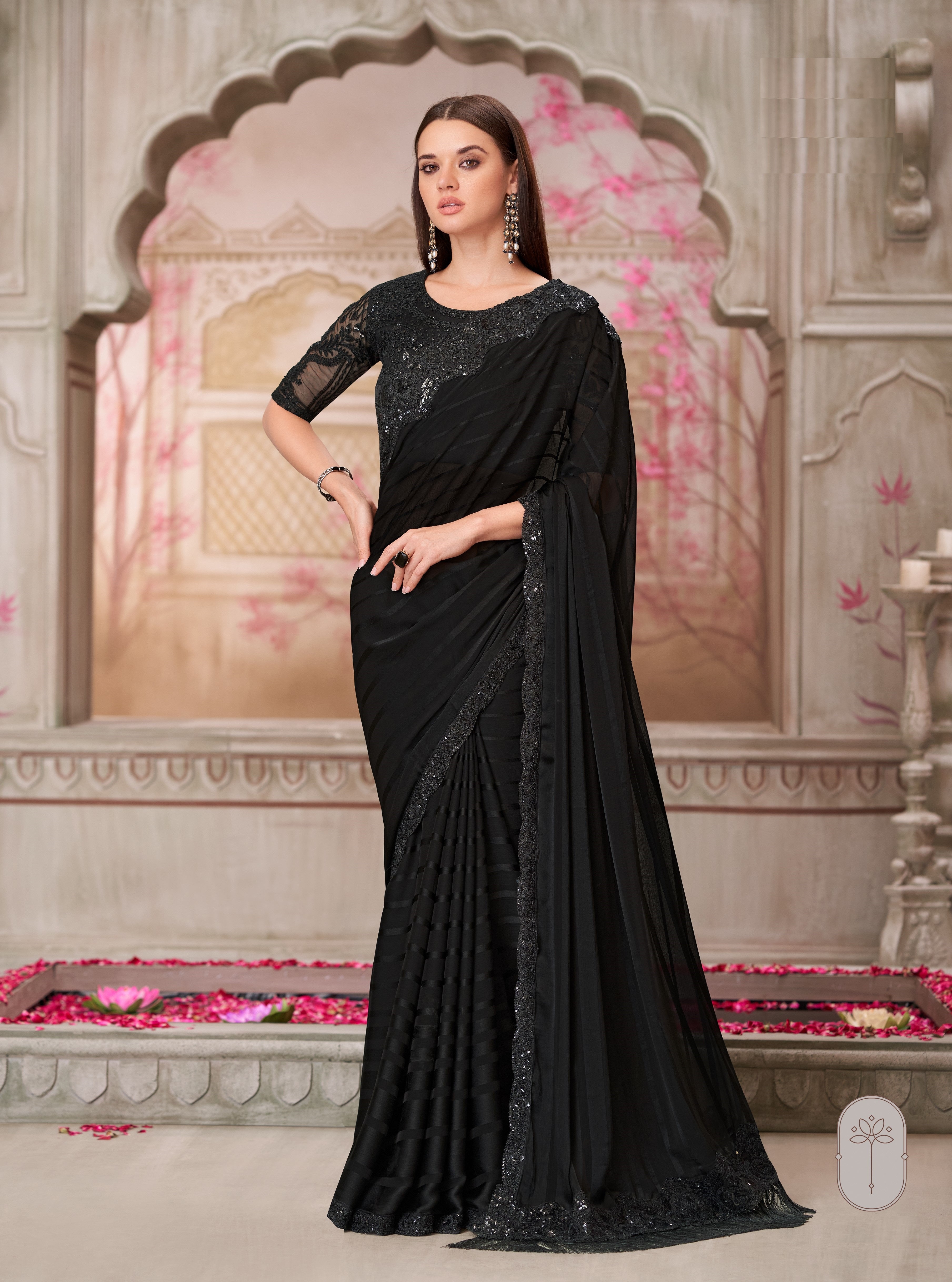 Black Georgette Tussar Silk Handwork Saree