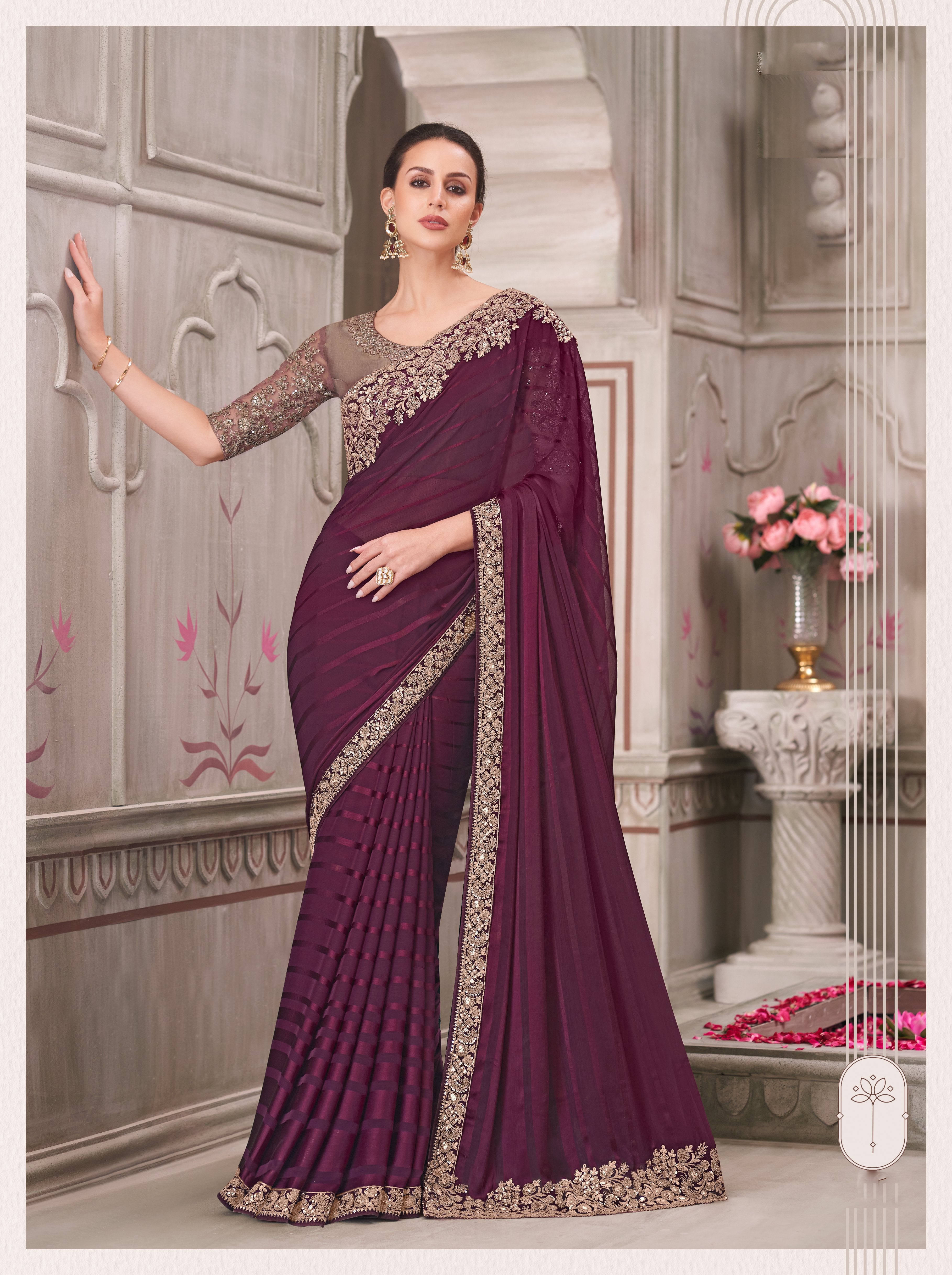 Wine Georgette Pure Silk Handwork Saree