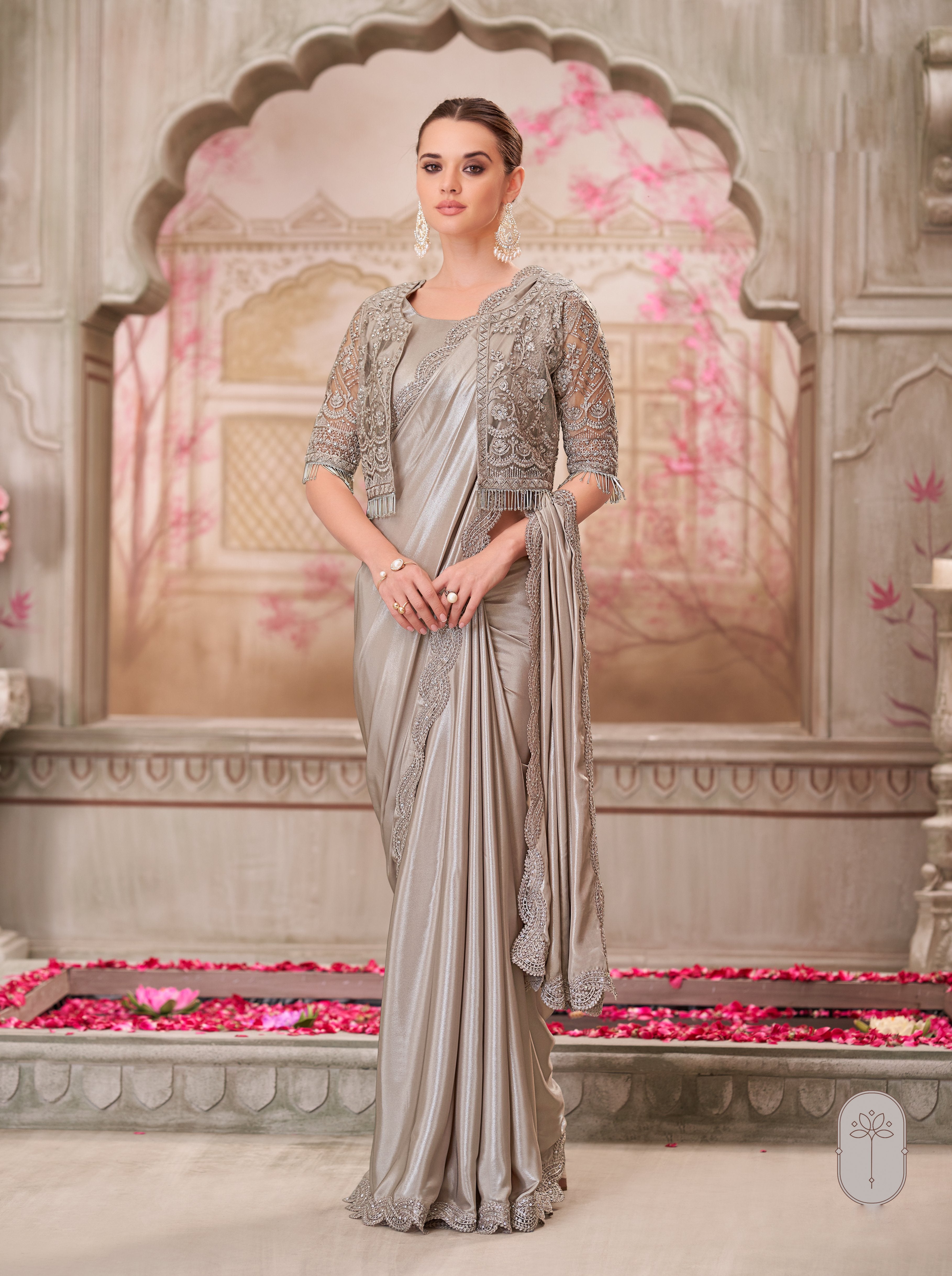 Silver Shimmer Satin Silk Jacket Handwork Saree