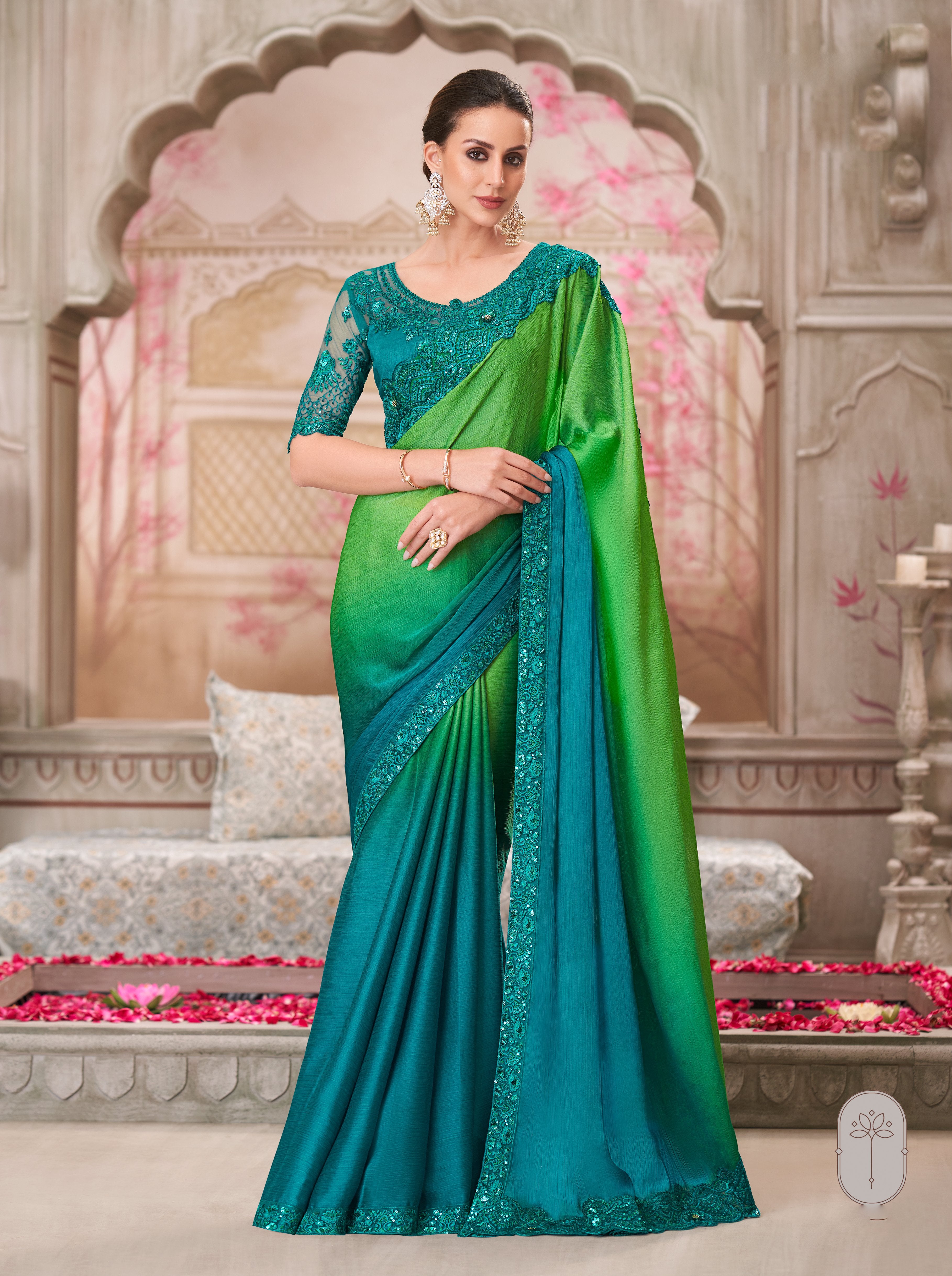 Teal Green Satin Chiffon Tussar Silk Handwork Saree