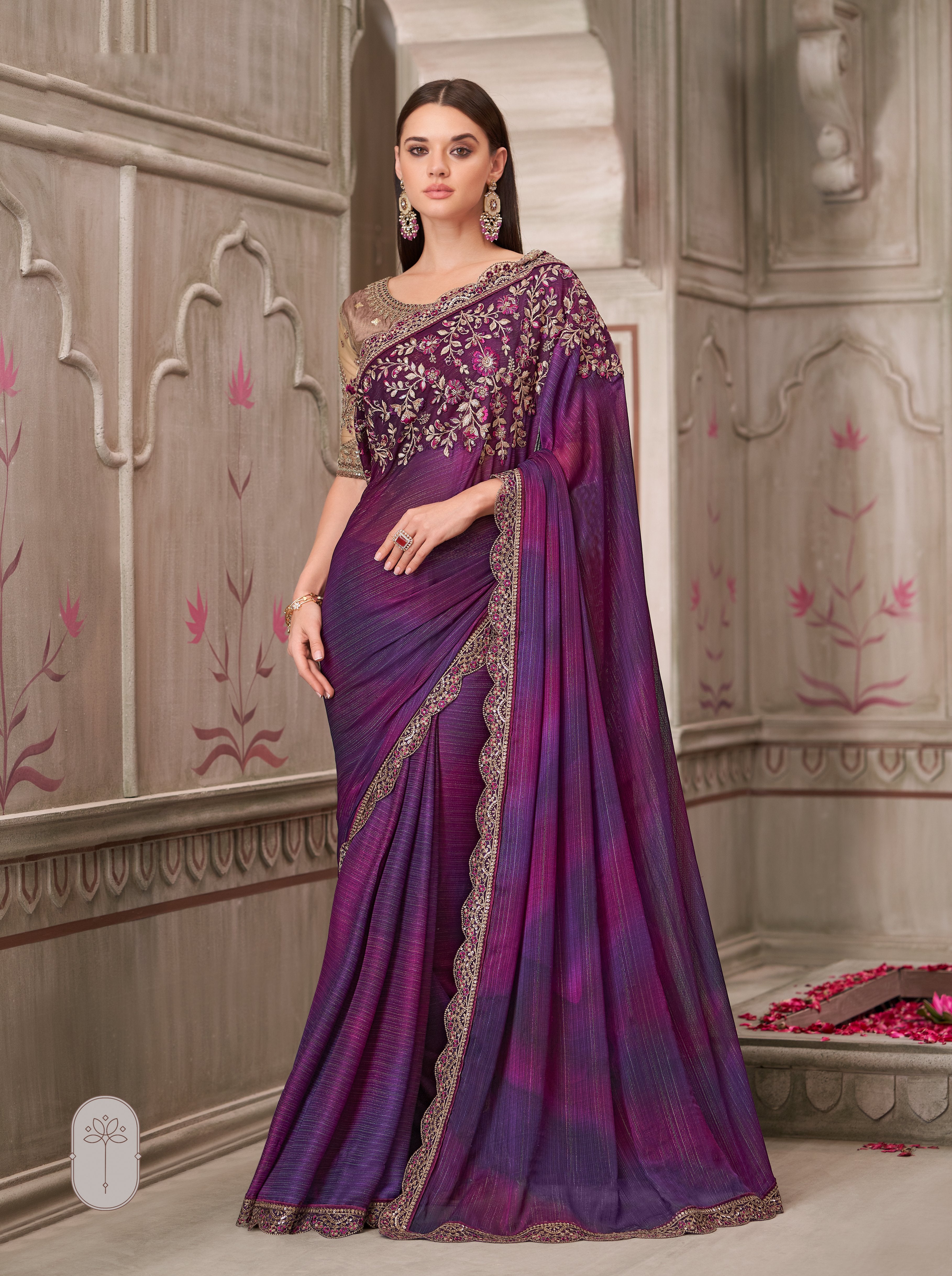 Purple Mulberry Satin Georgette Handwork Saree