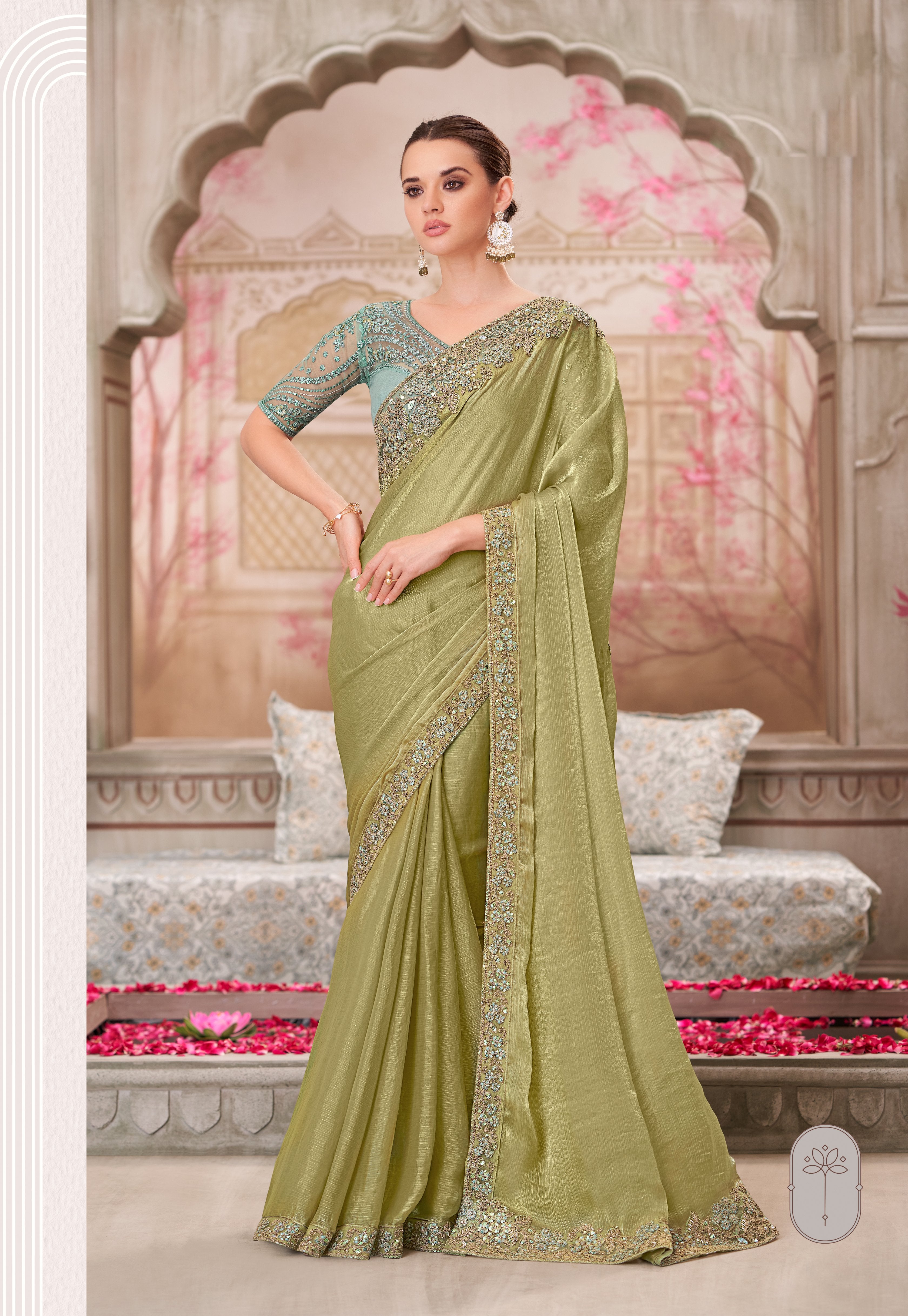 Pista Green Glass Silk Chiffon Handwork Saree