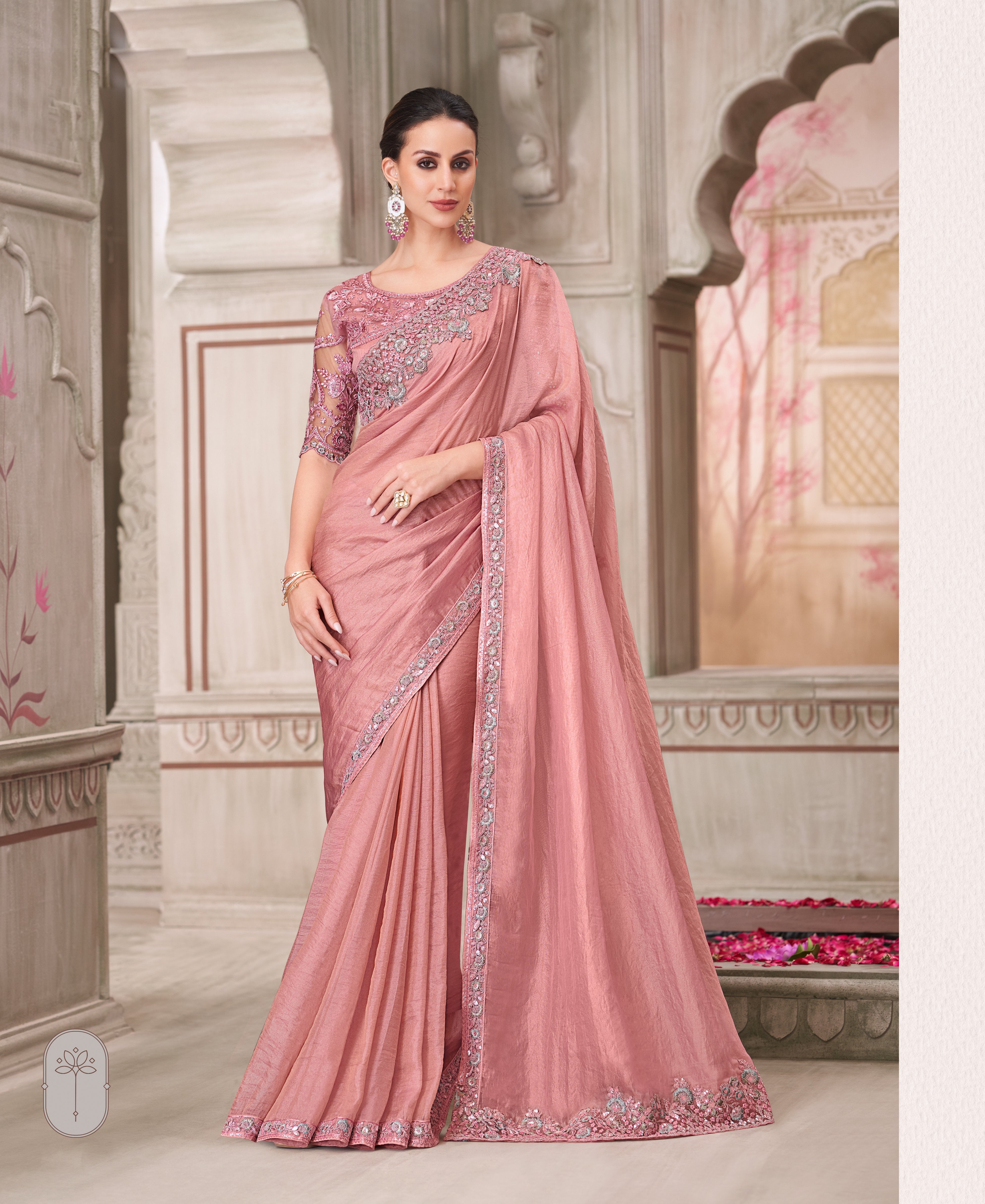 Light Pink Satin Georgette Handwork Saree