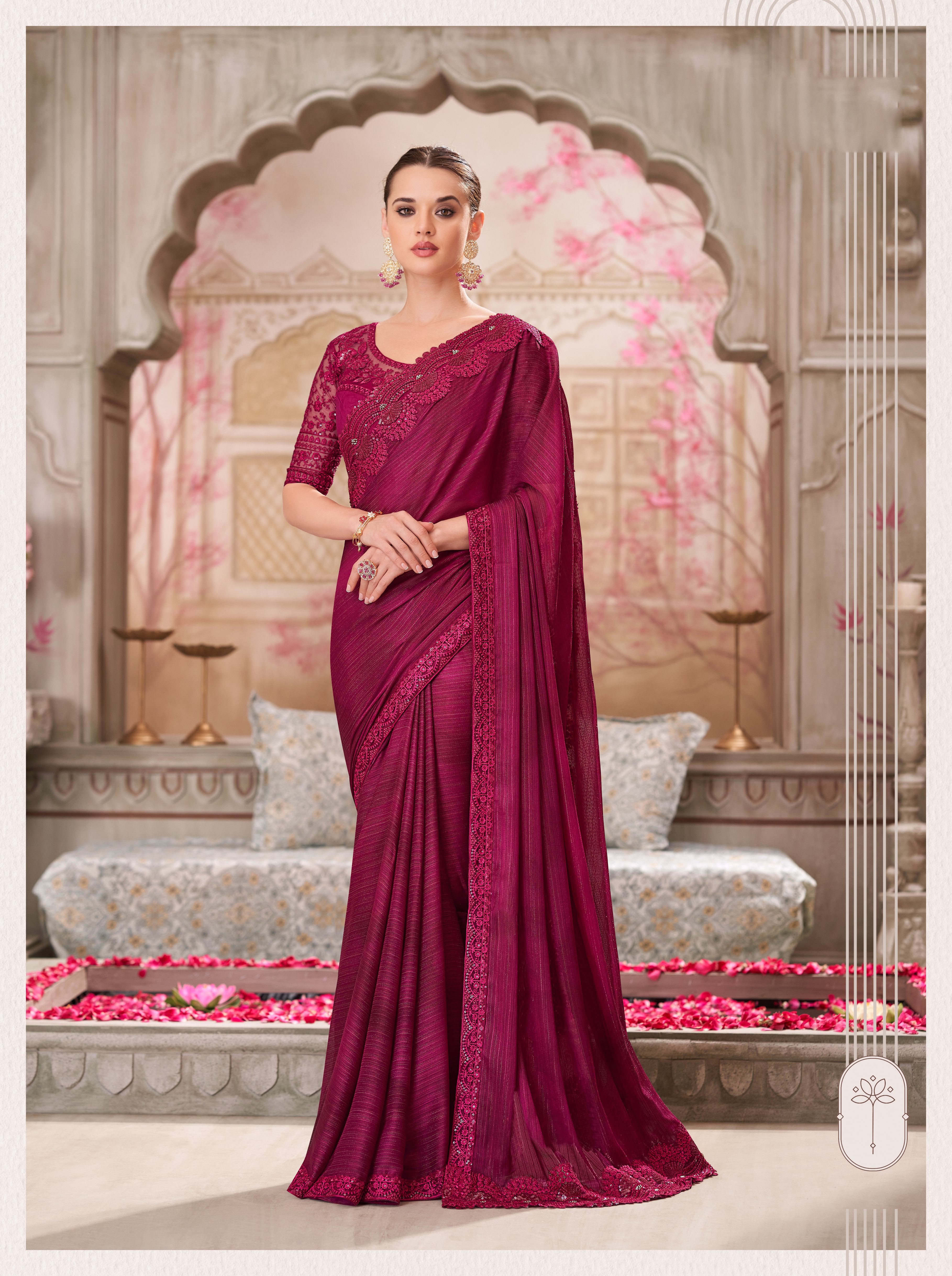Wine Satin Silk Georgette Handwork Saree