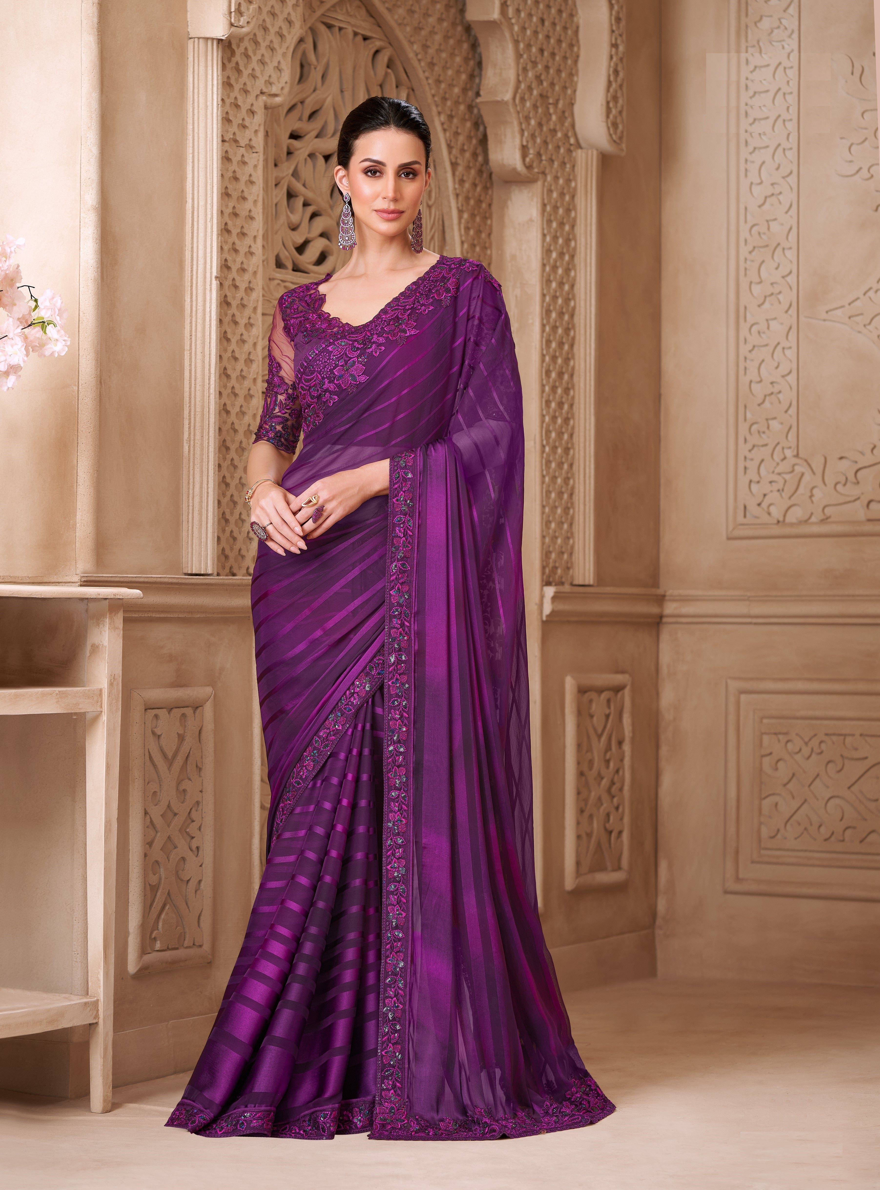 Purple Satin Georgette Tussar Work Saree