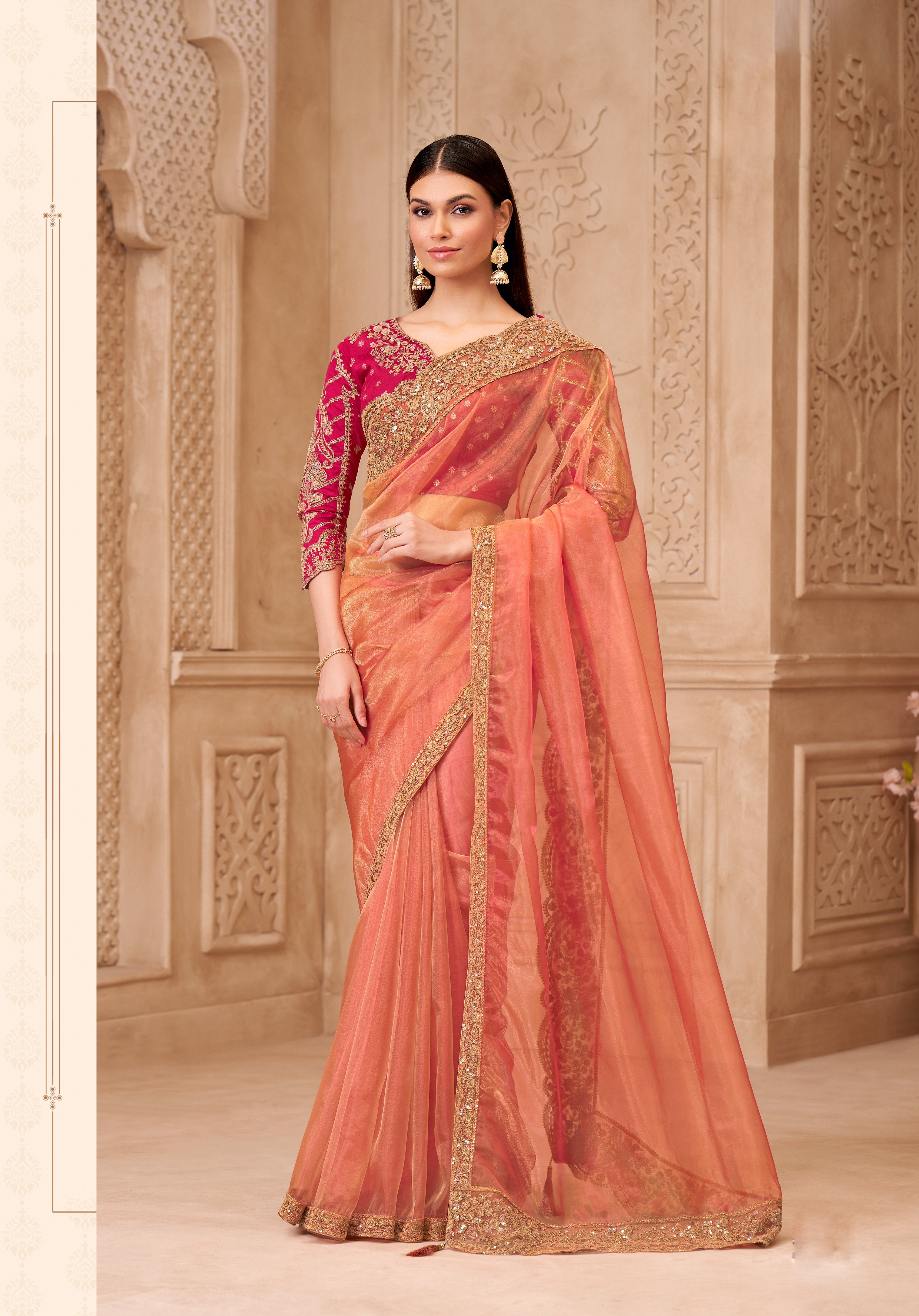 Peach Georgette Silk Brocade Work Saree