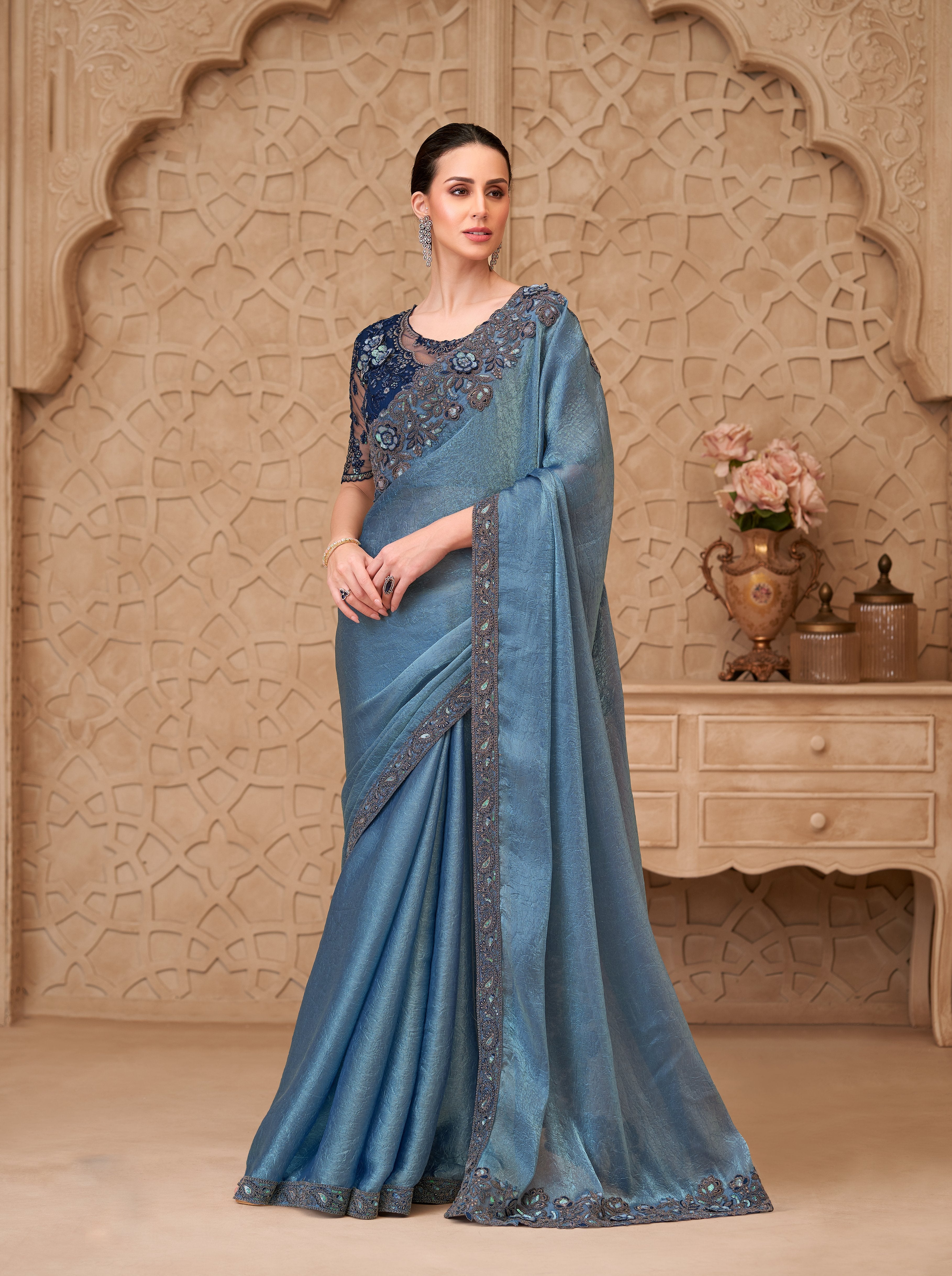 Sky Blue Georgette Tussar Silk Work Saree