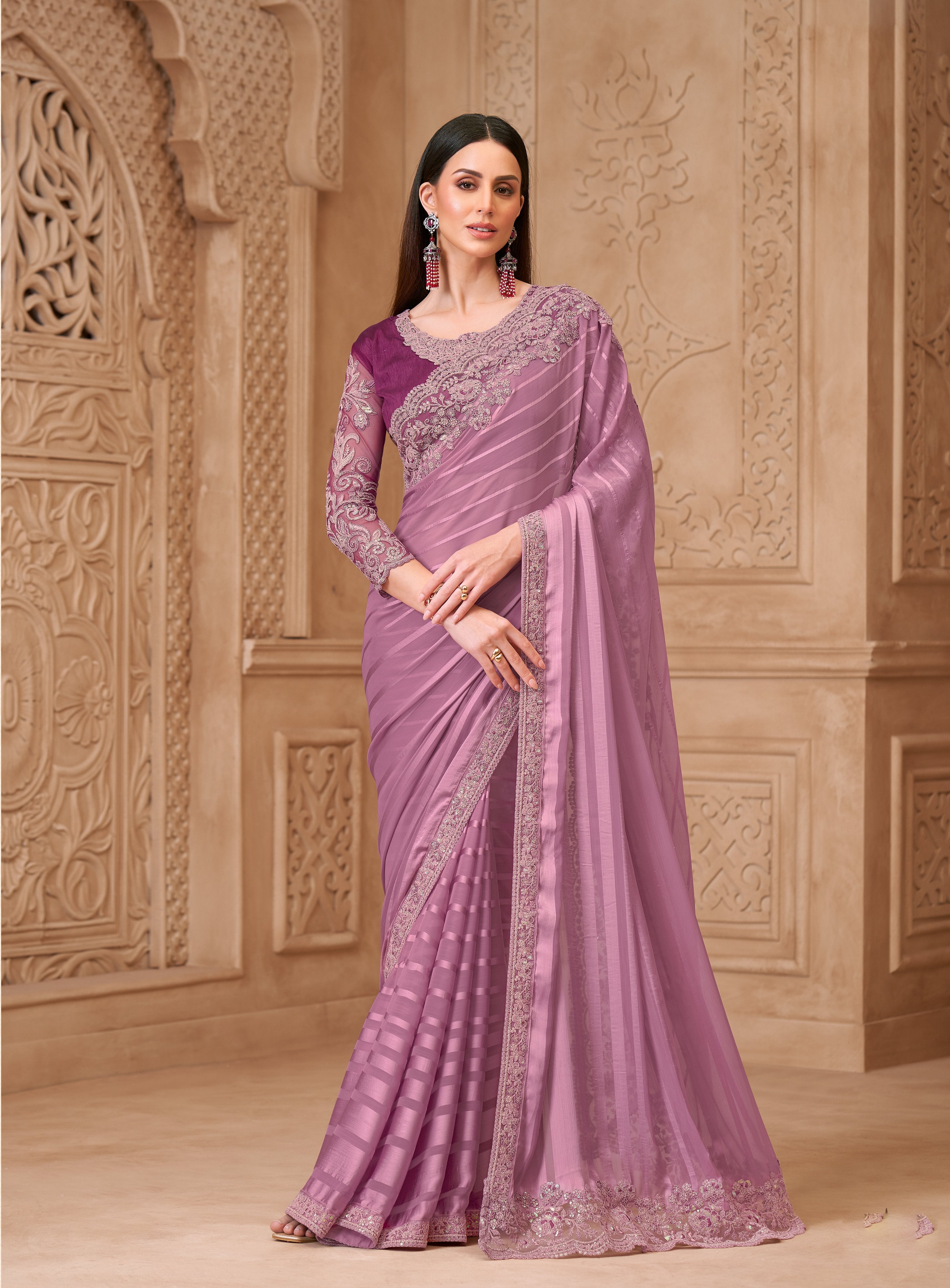Purple Satin Georgette Tussar Silk Work Saree