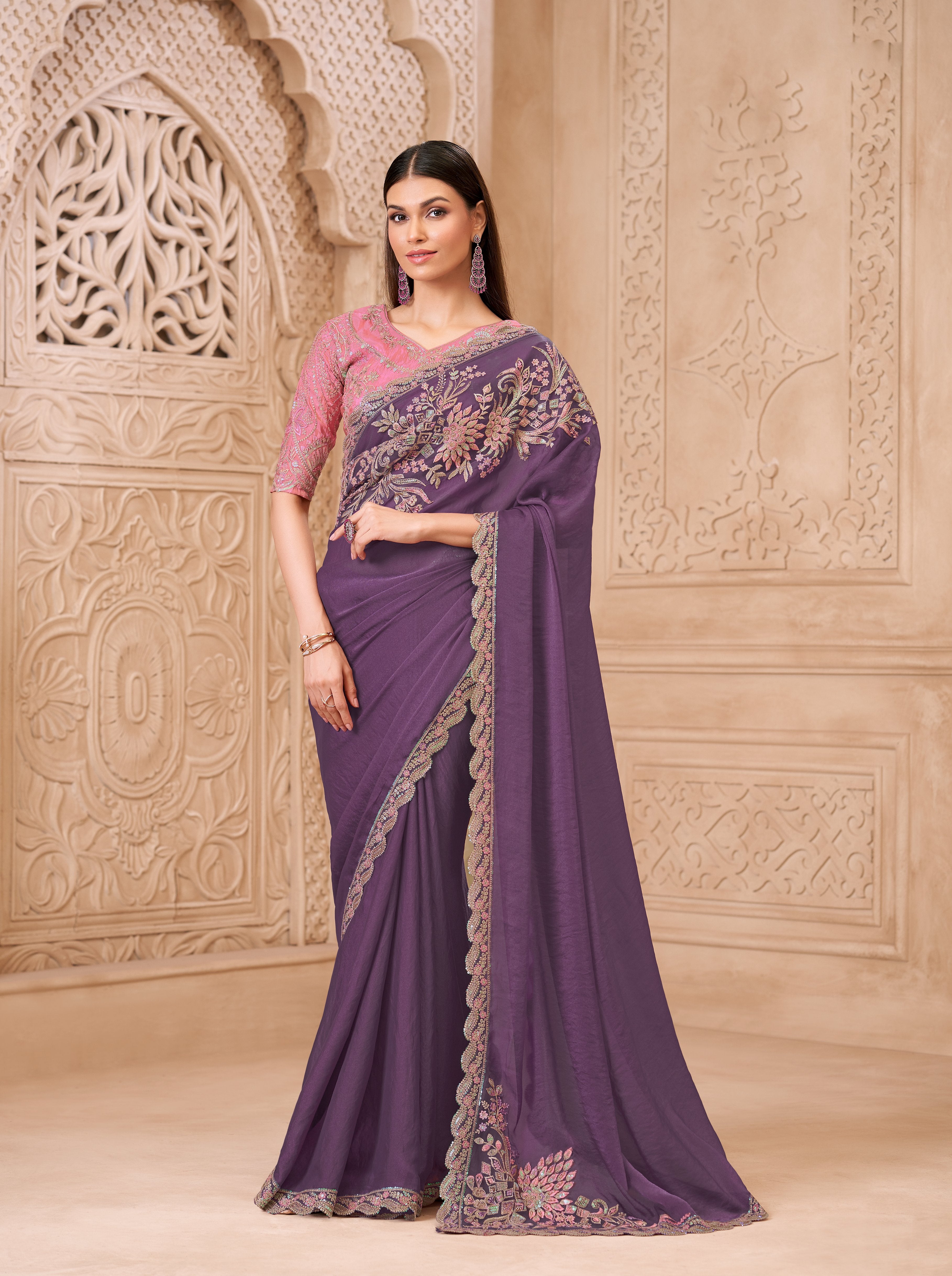 Lavender Georgette Satin Silk Work Saree