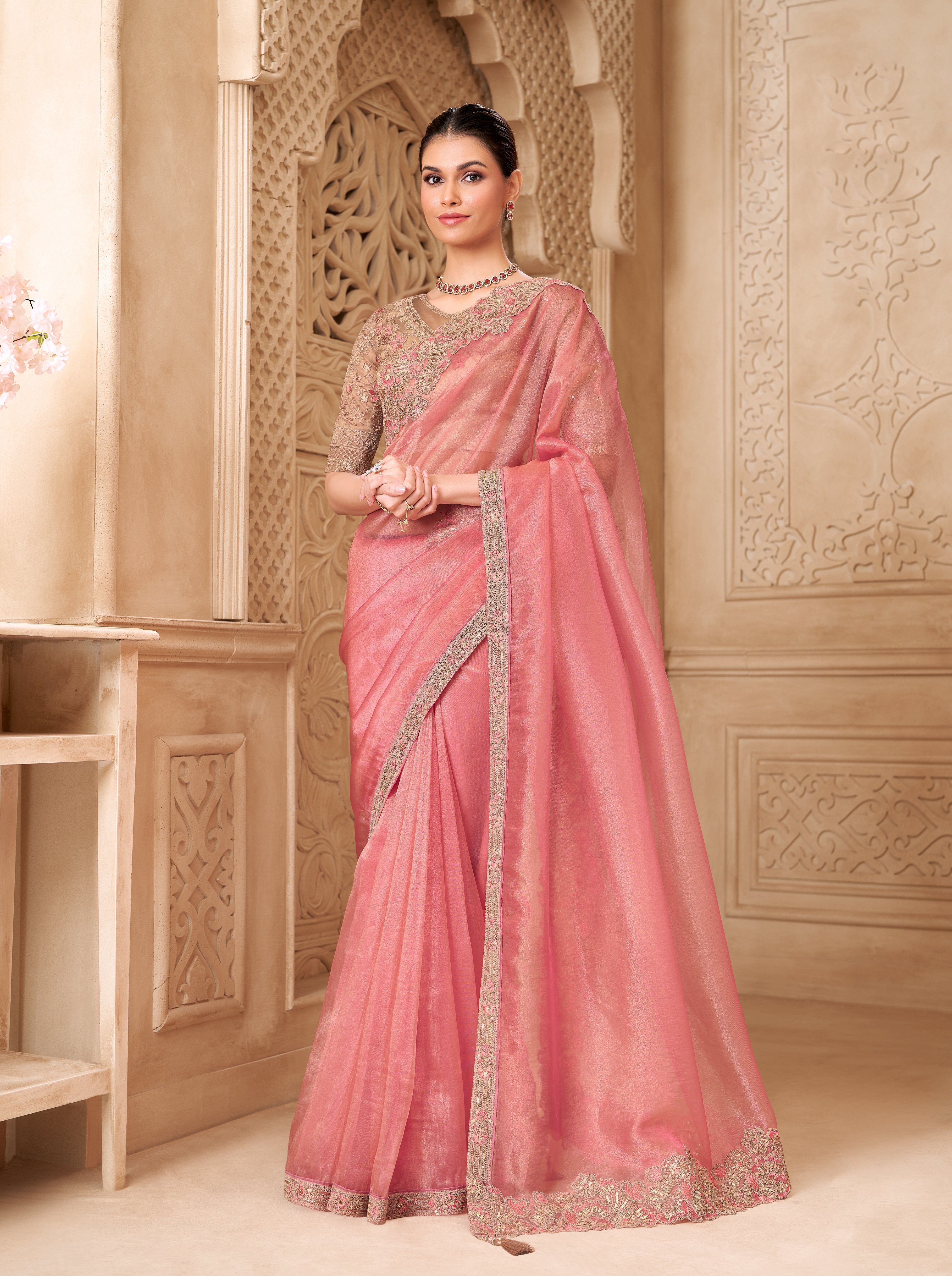 Pastel Pink Georgette Silk Work Saree