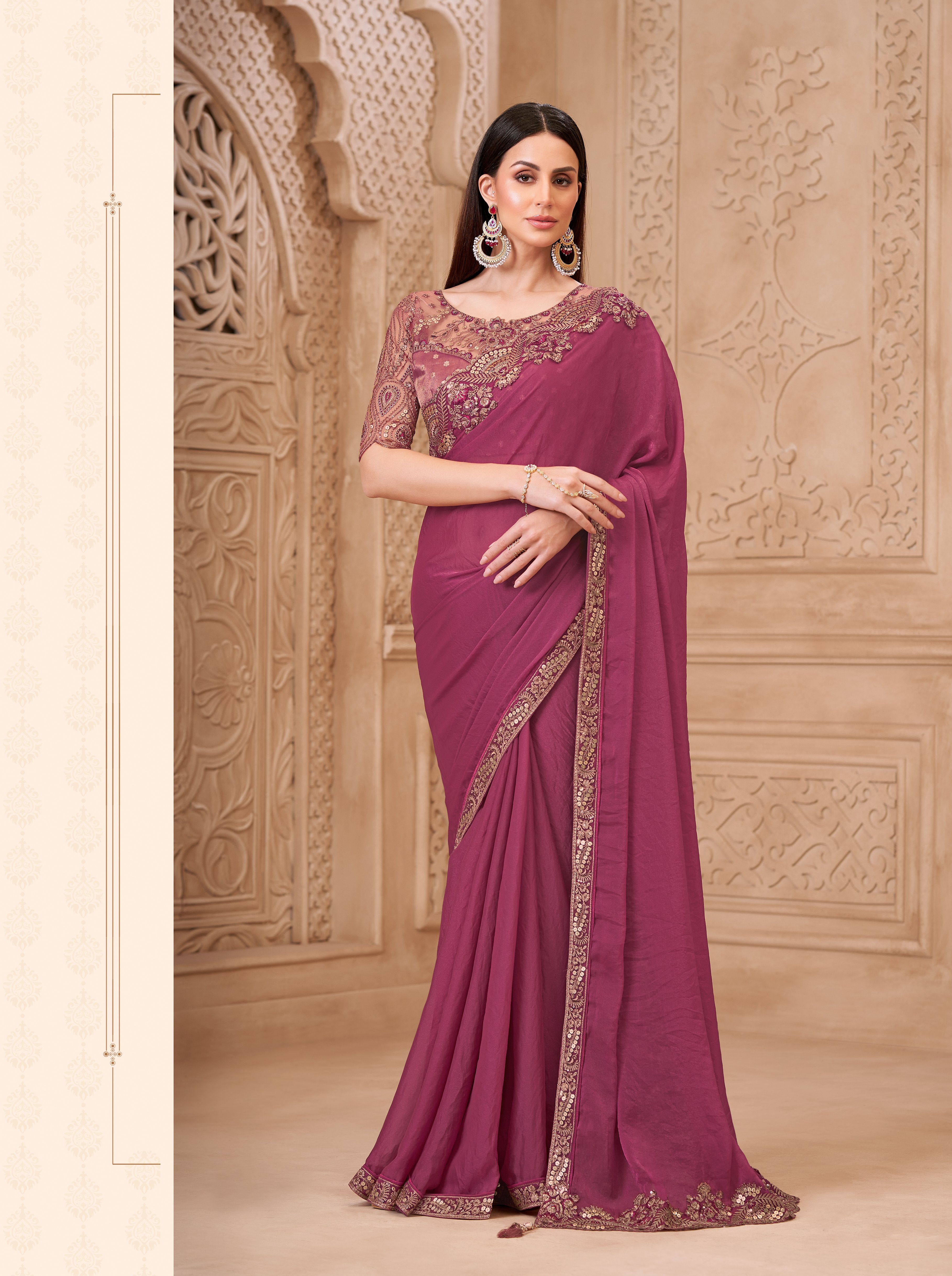 Rouge Pink Georgette Silk Heavy Work Saree