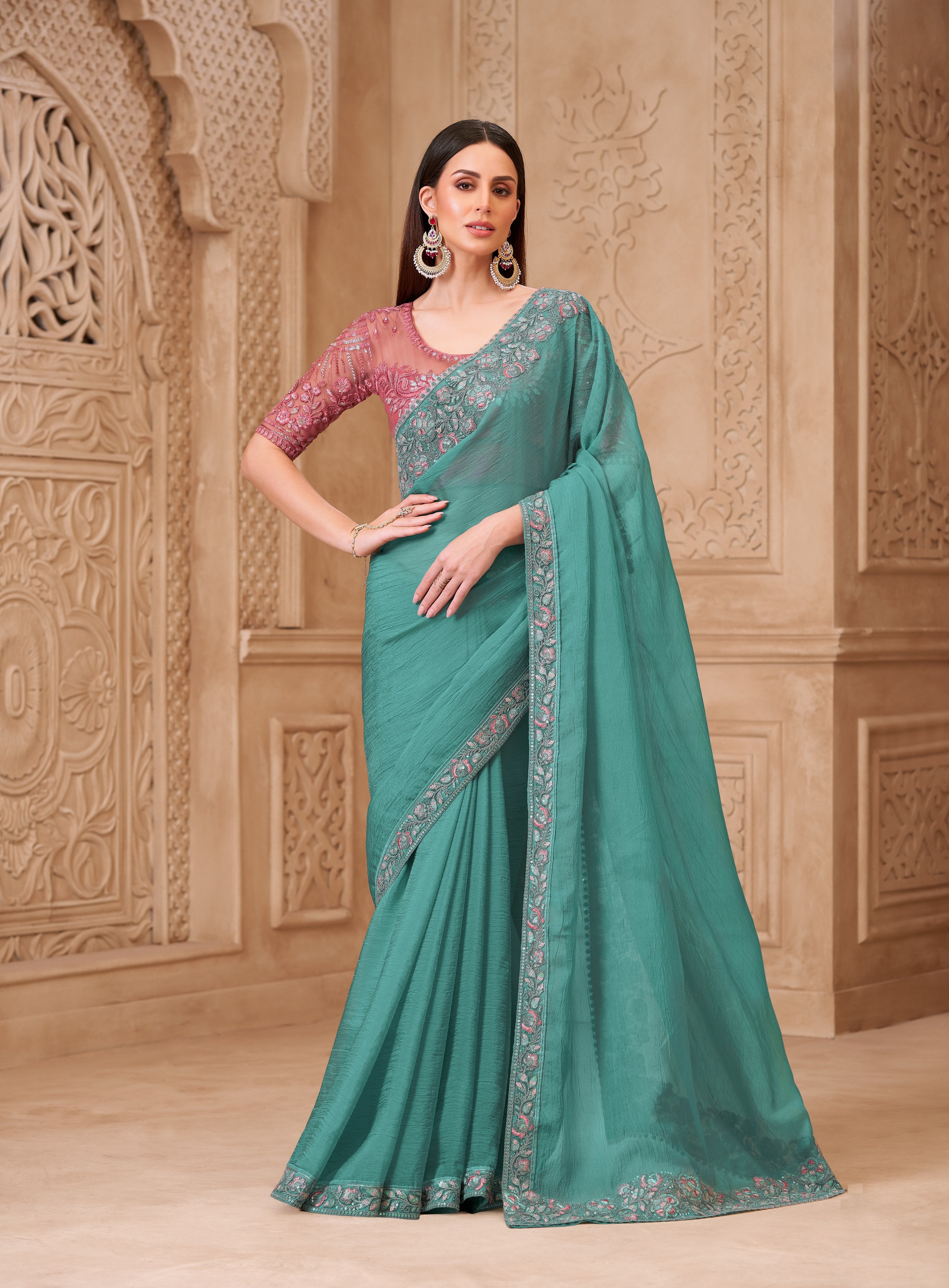 Teal Mint Georgette Tussar Silk Work Saree
