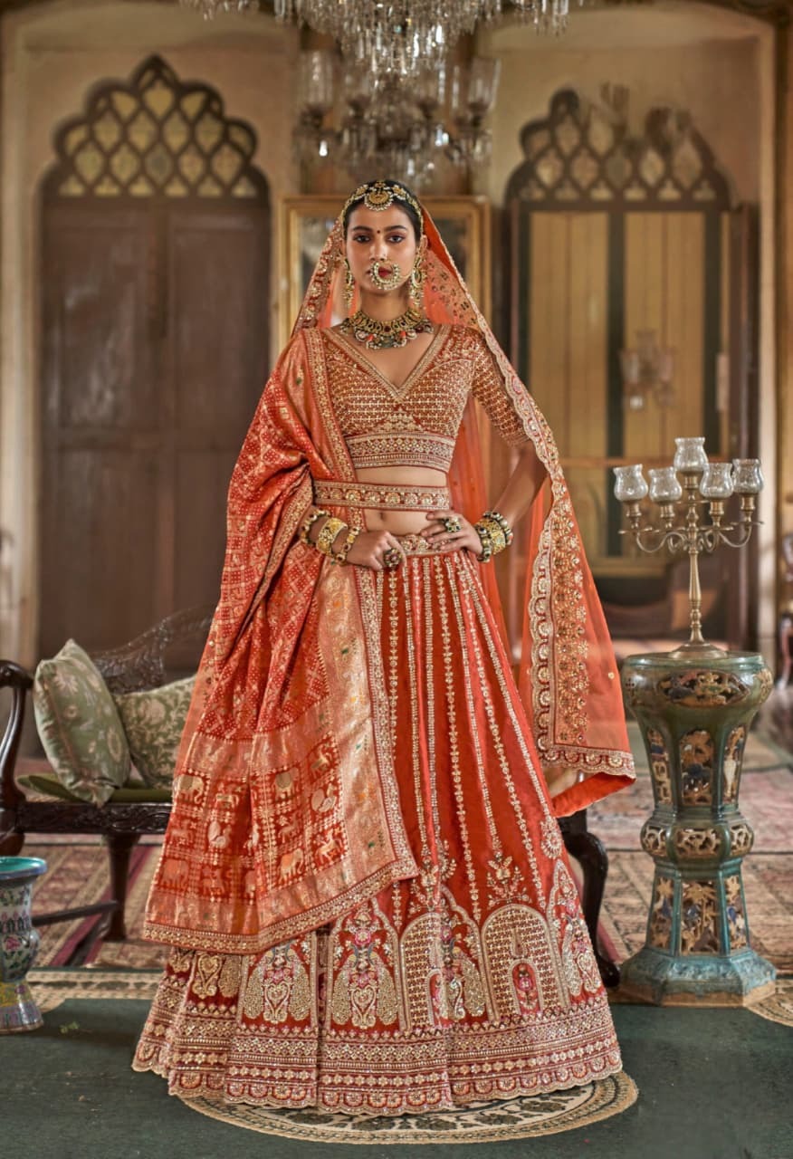 Coral Bridal Tone Silk Embroidery Lehenga