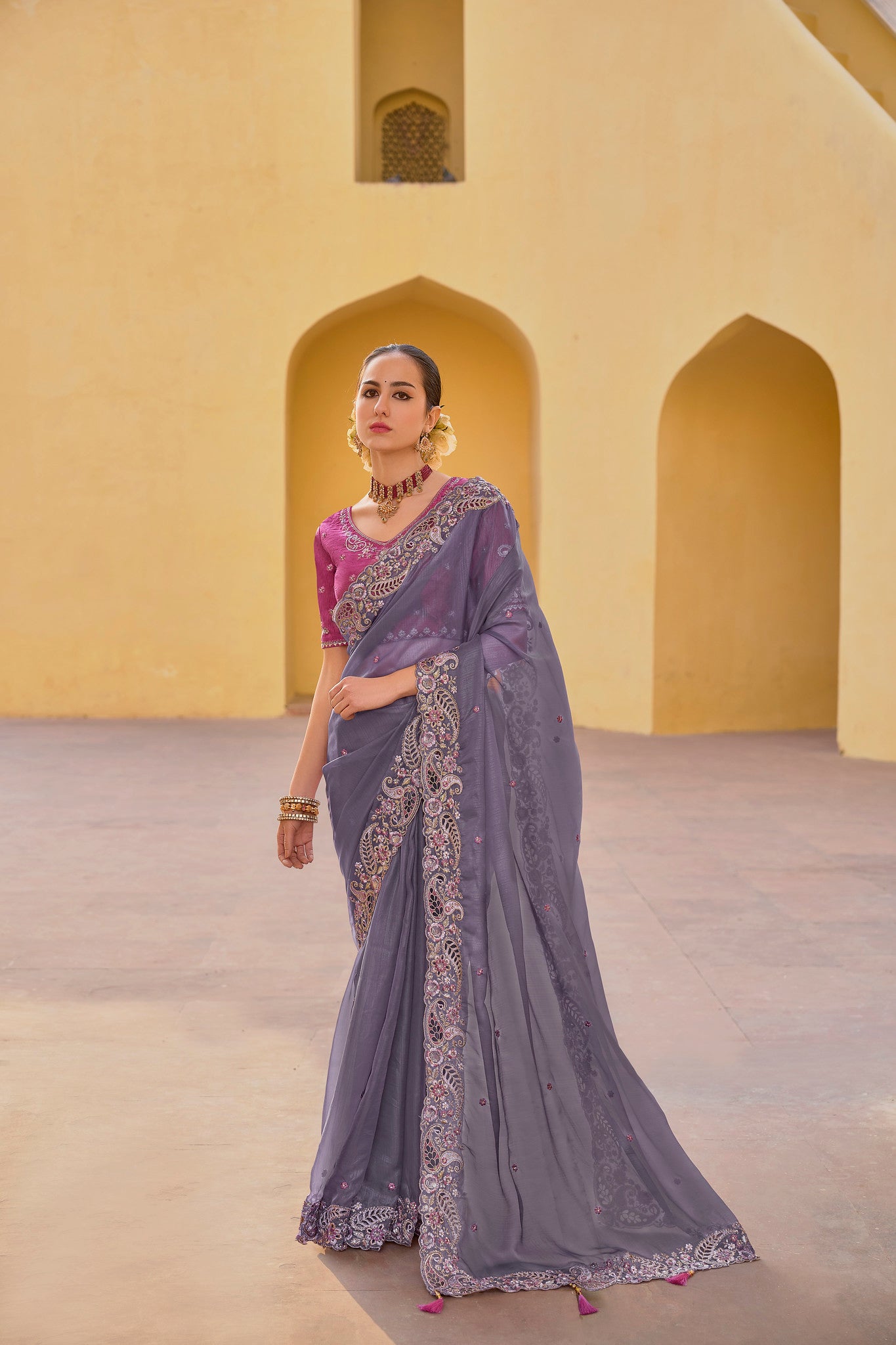 Lavender Grey Tissue Organza Silk Embroidery Party Wear Saree