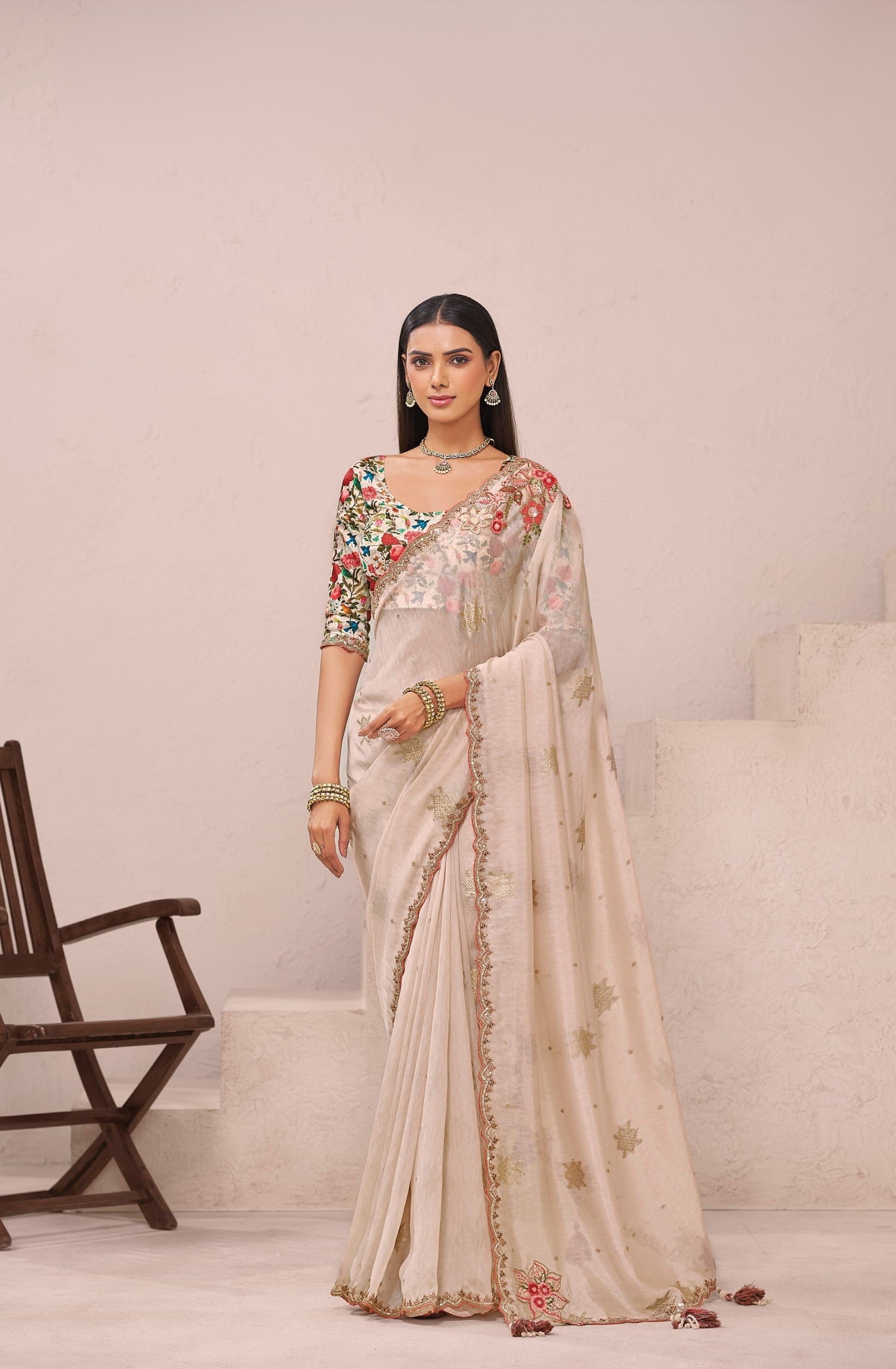 Cream Fancy Designer Work Saree