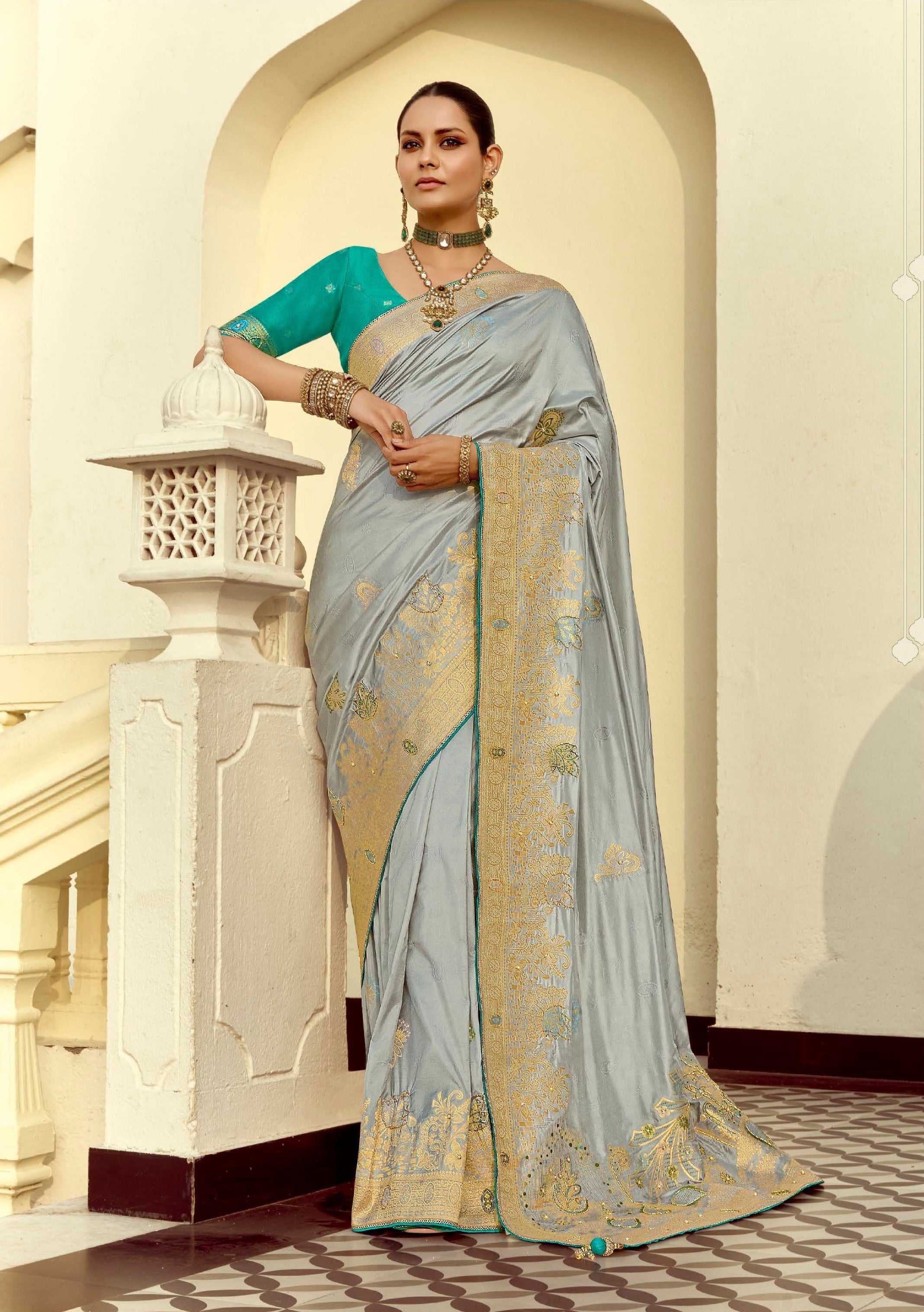 Light Grey Silk Zari Work Designer Saree