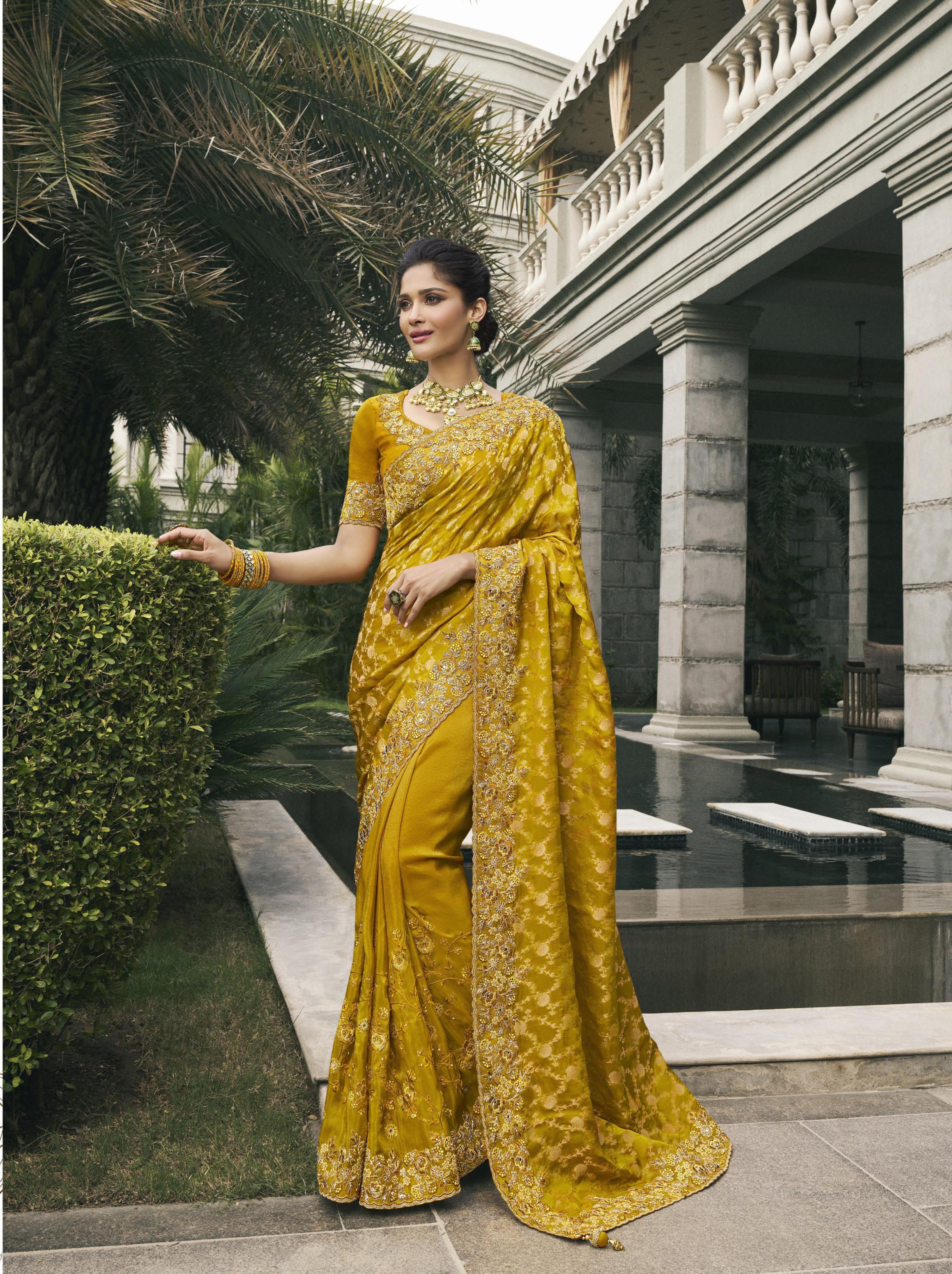 Mustard Tissue Silk Stone Work Saree