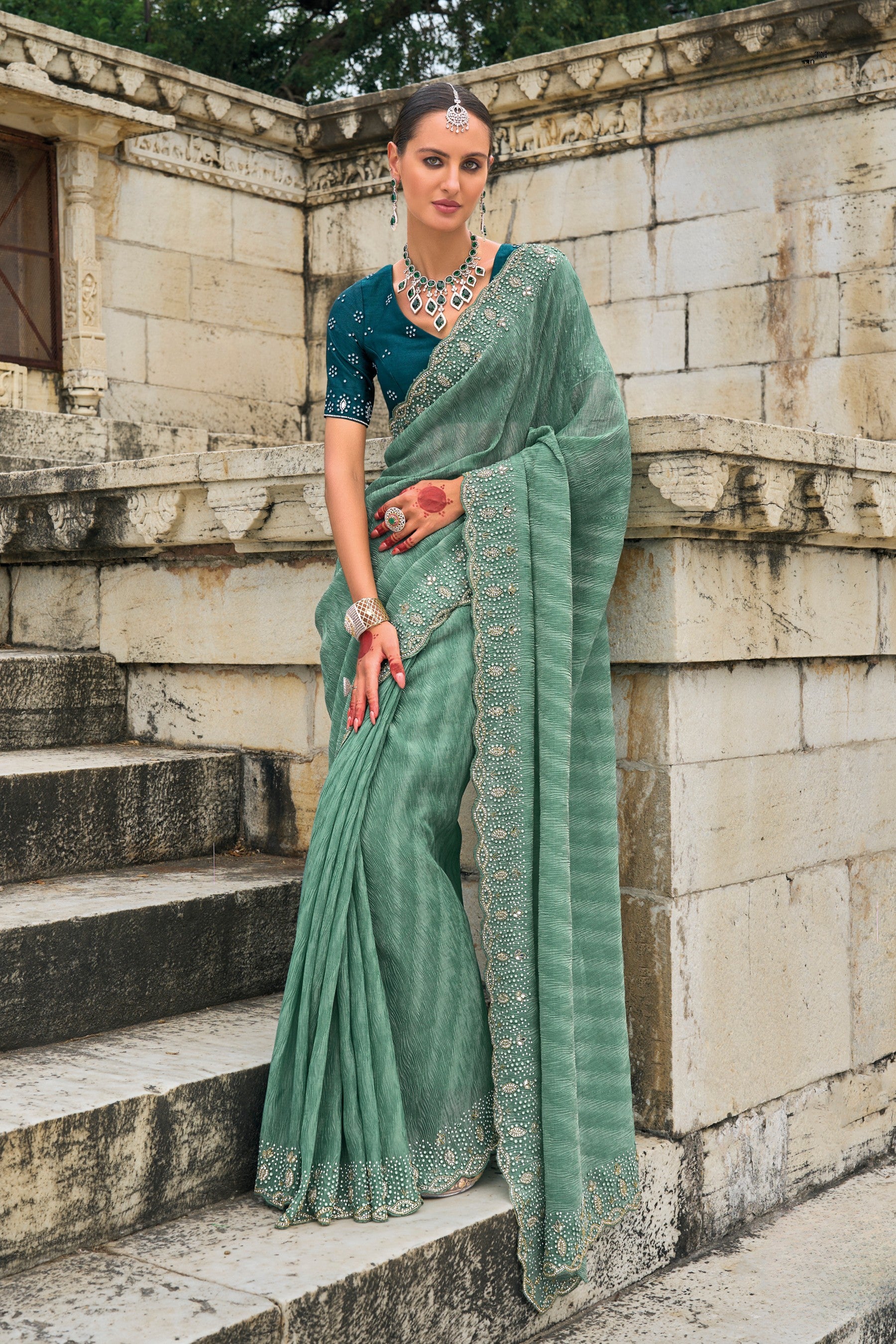 Green Pure Crush Tissue Cut Dana Work Saree