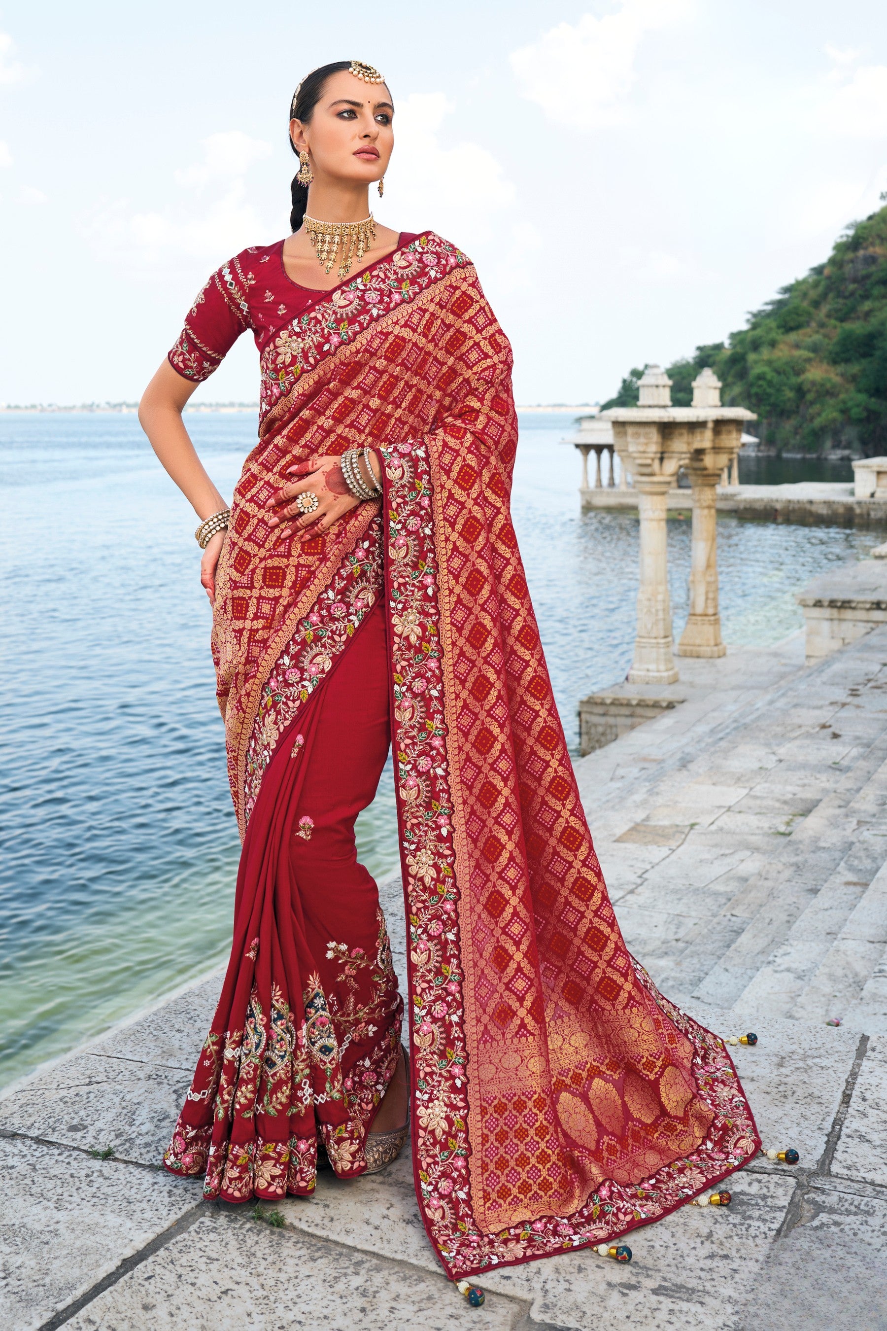 Maroon Pure Dola Silk Mirror Work Saree