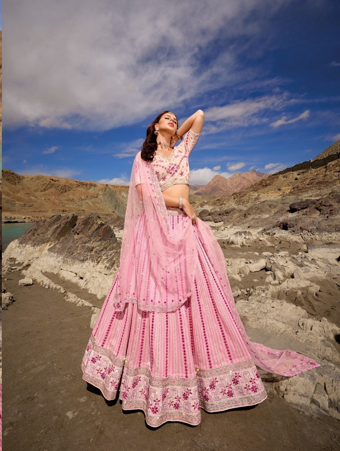 Pink Pure Georgette Cut Work Lehanga
