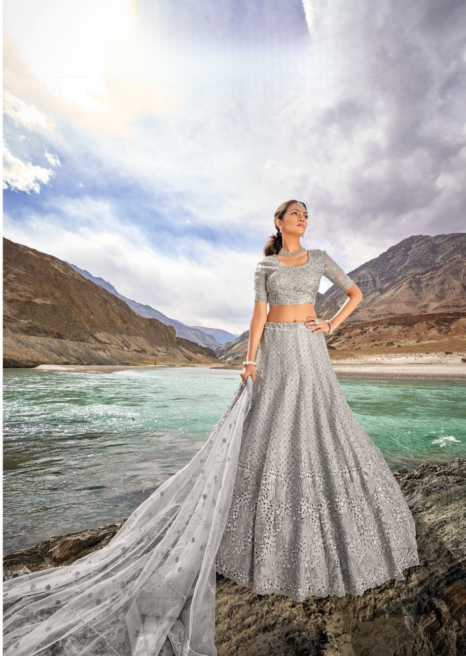 Grey Pure Organza Cut Work Lehanga