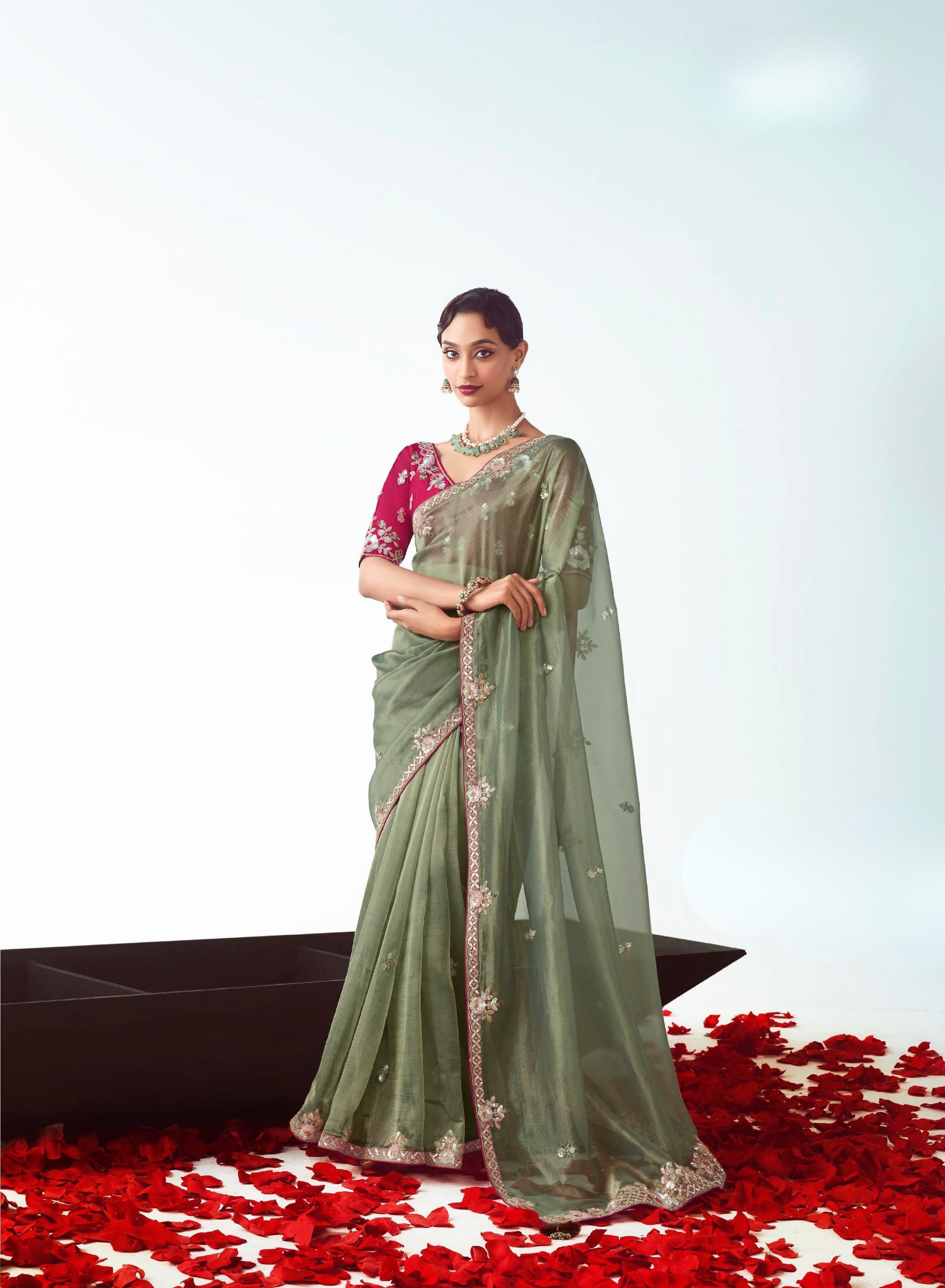 Sage Green Orgenza Tissue Festival Wear Saree