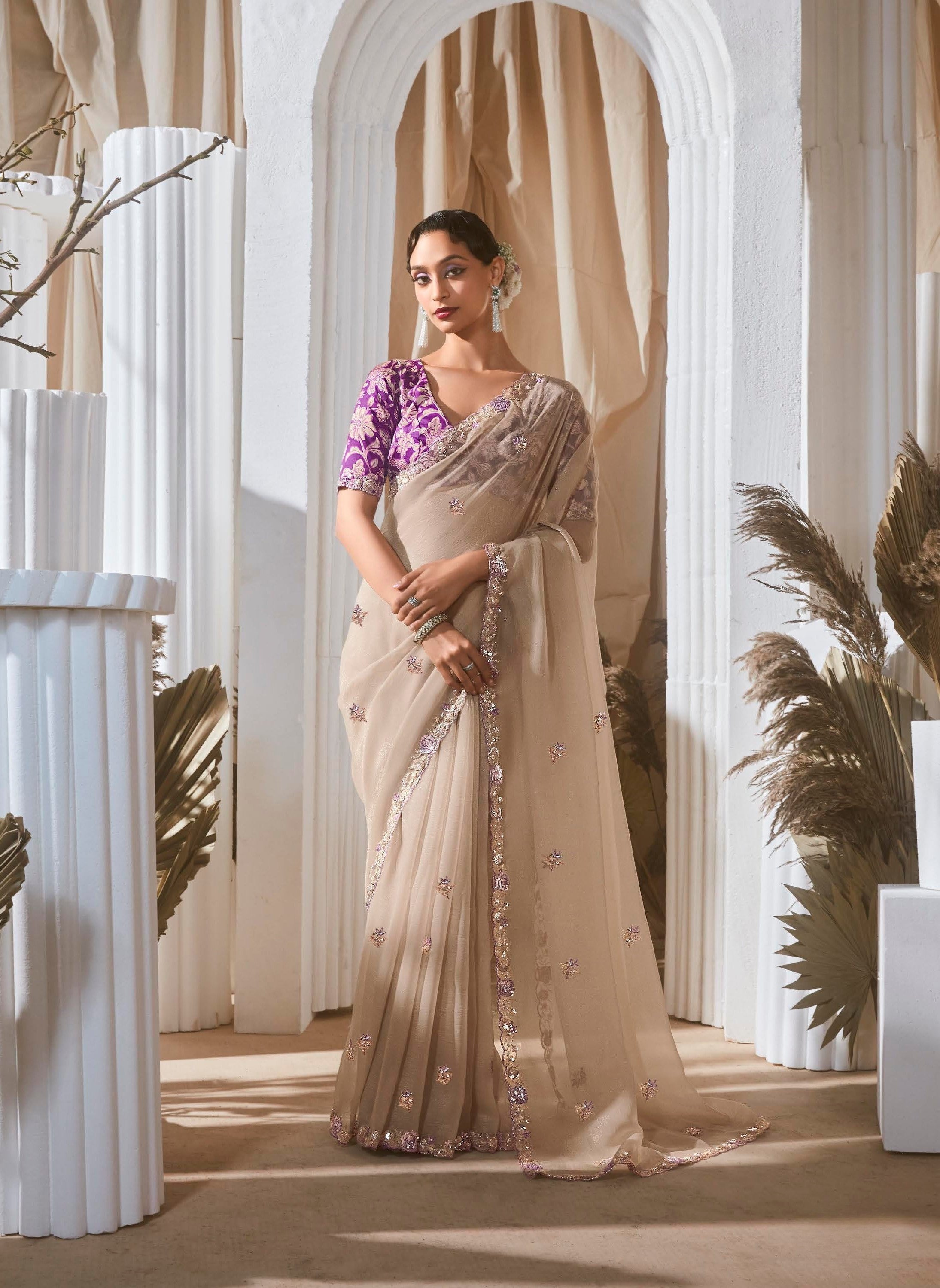 Beige Pure Banarasi Silk Sequence Work Party Wear Saree