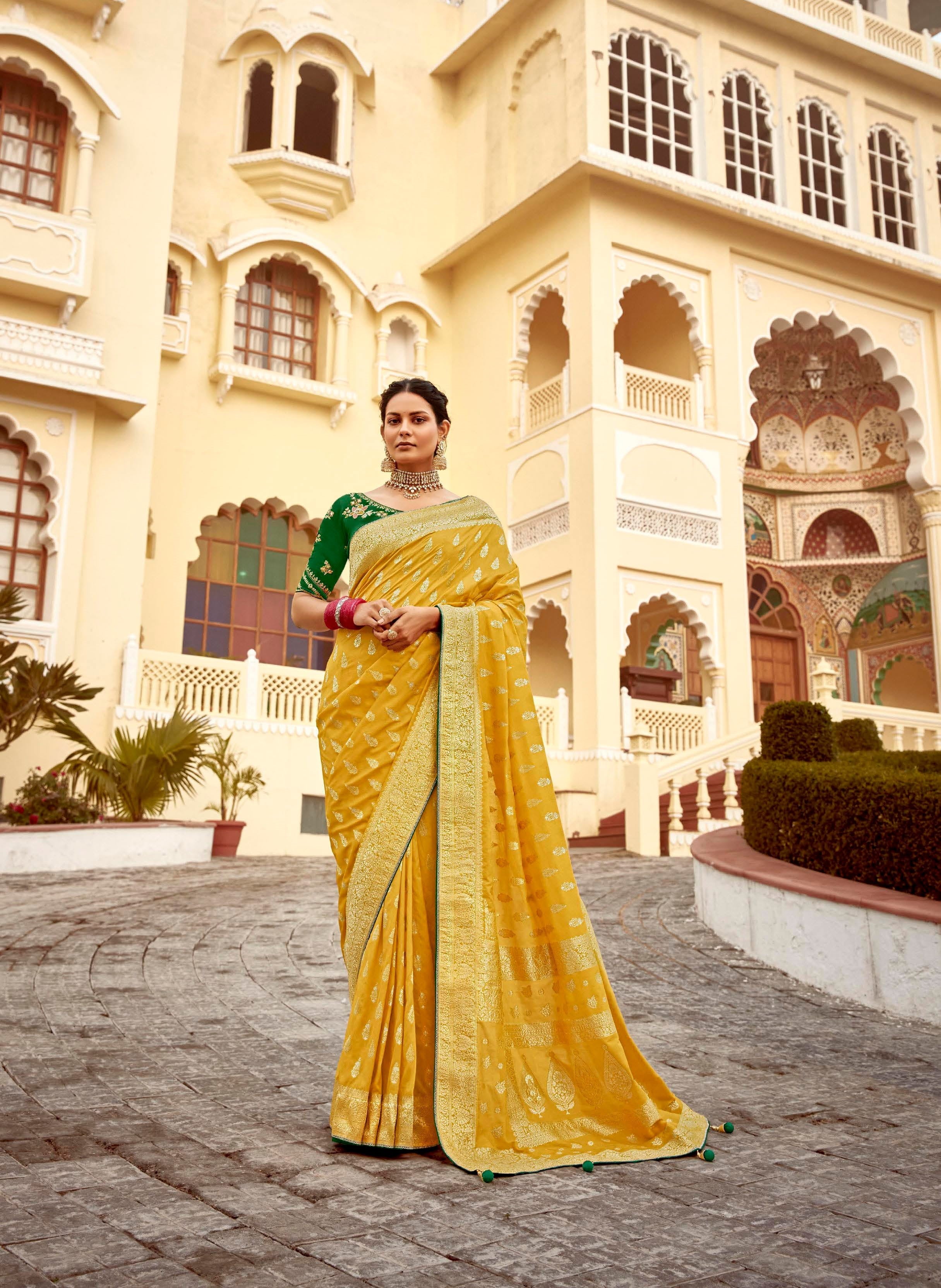 Mustard Dola Silk Zari Work Saree