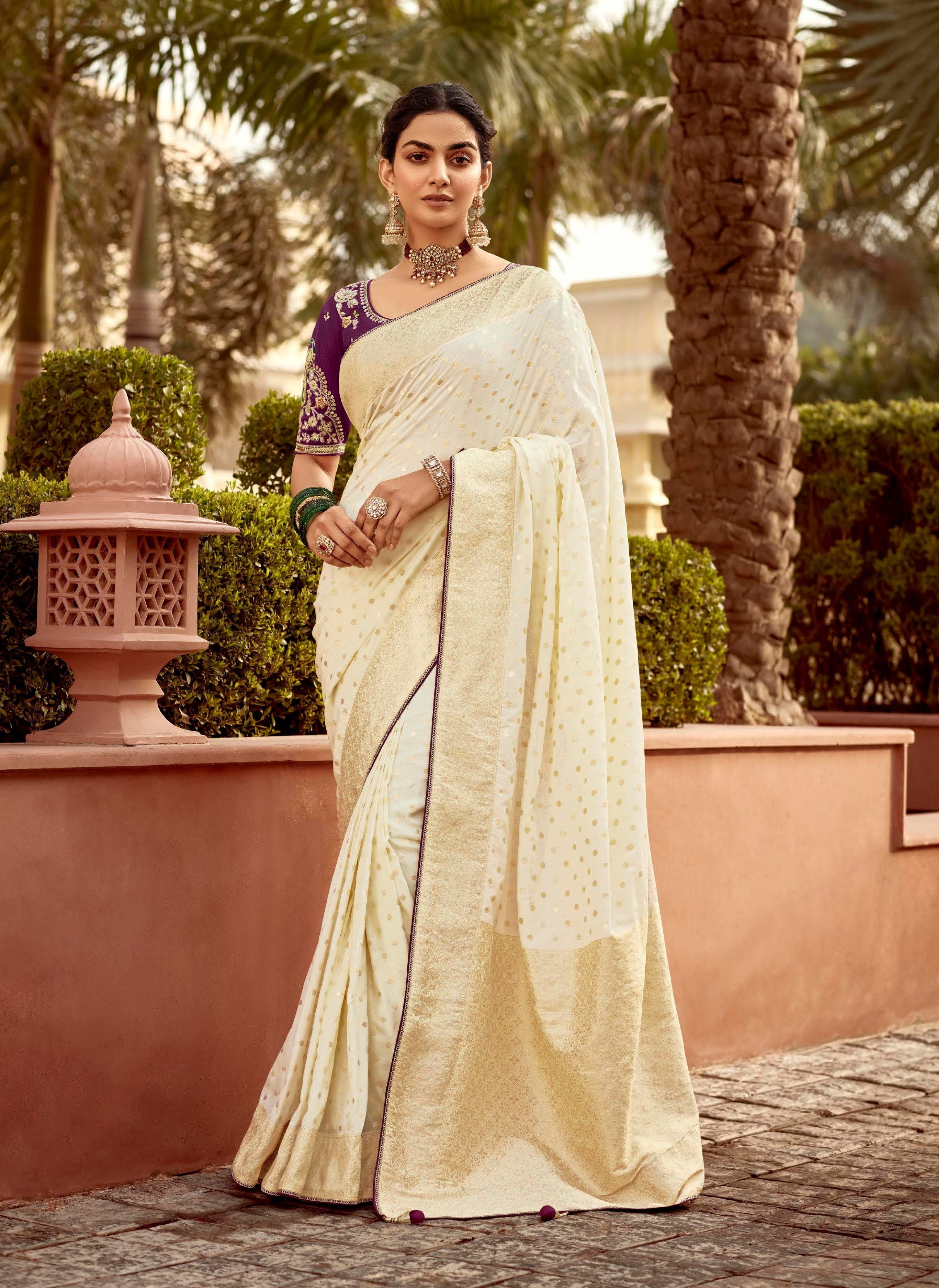 Cream Dola Silk Zari Work Saree