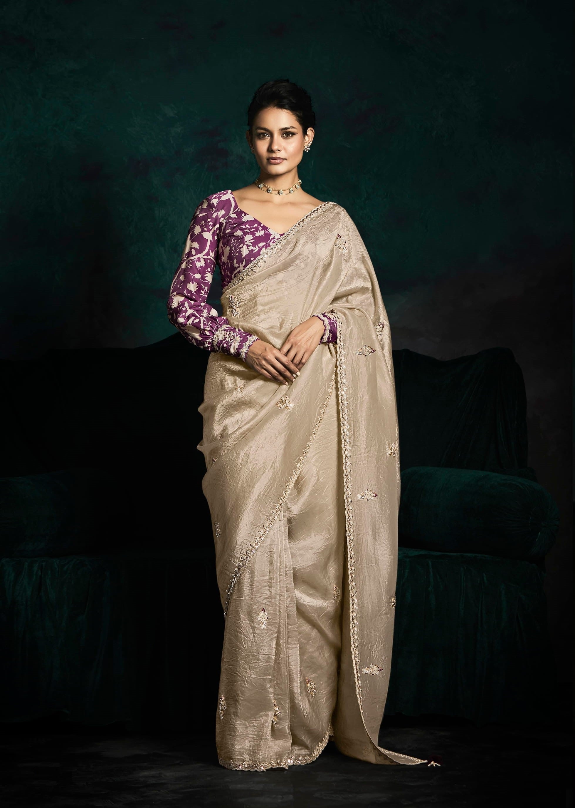 Beige Organza Embroidered Saree