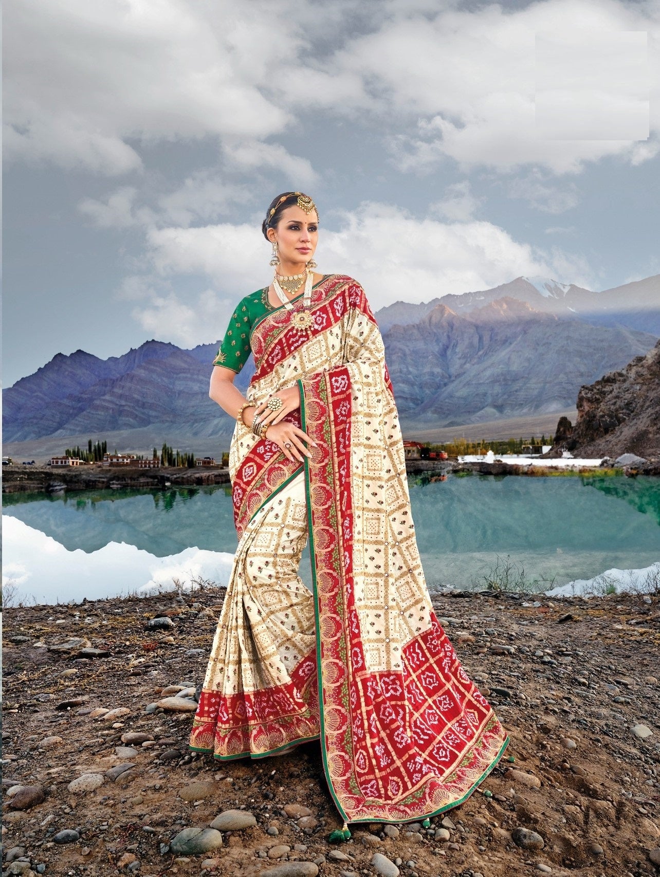 Cream Pure Gajji Bandhej Party Wear Saree