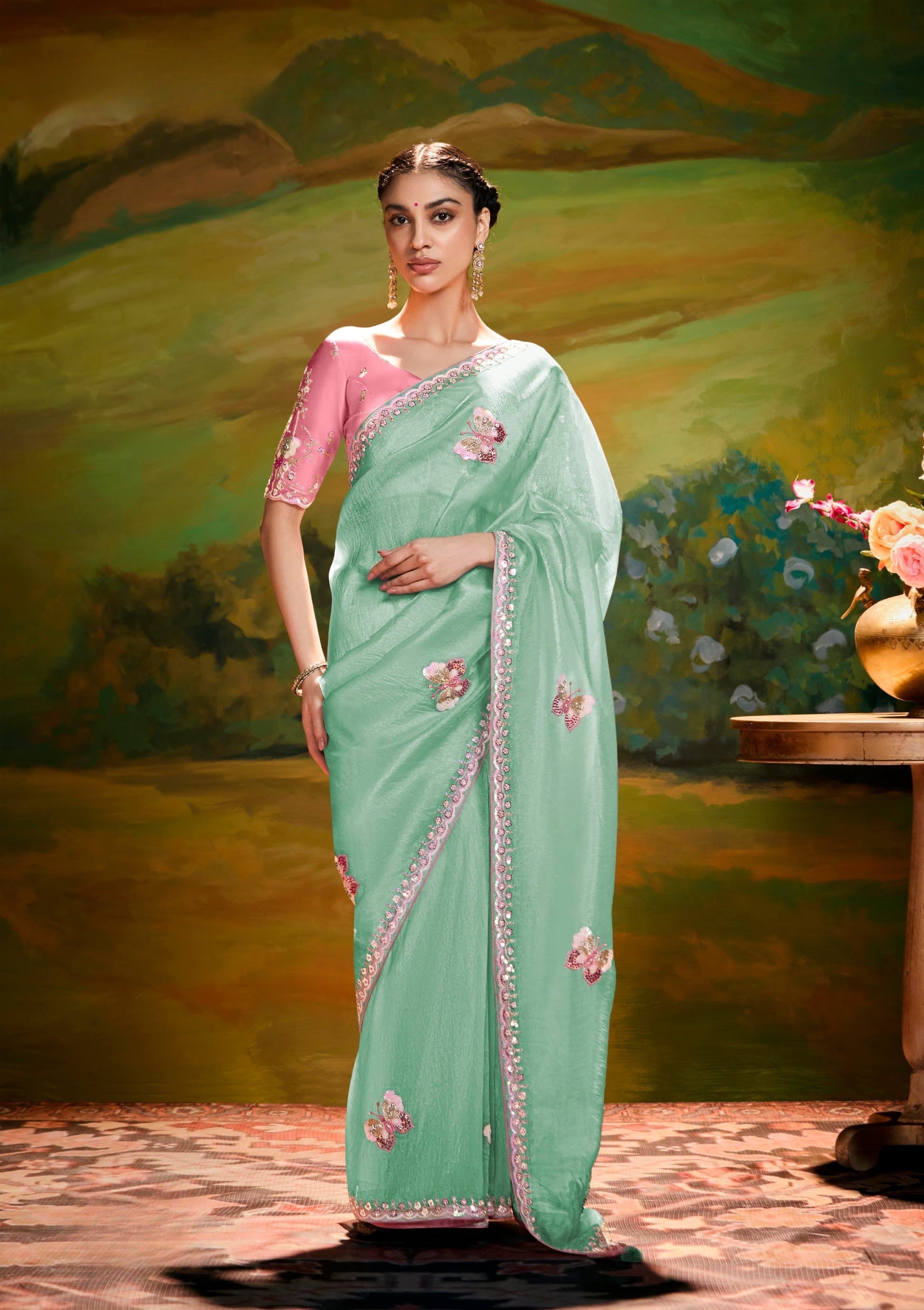 Green Organza Cut Work Saree