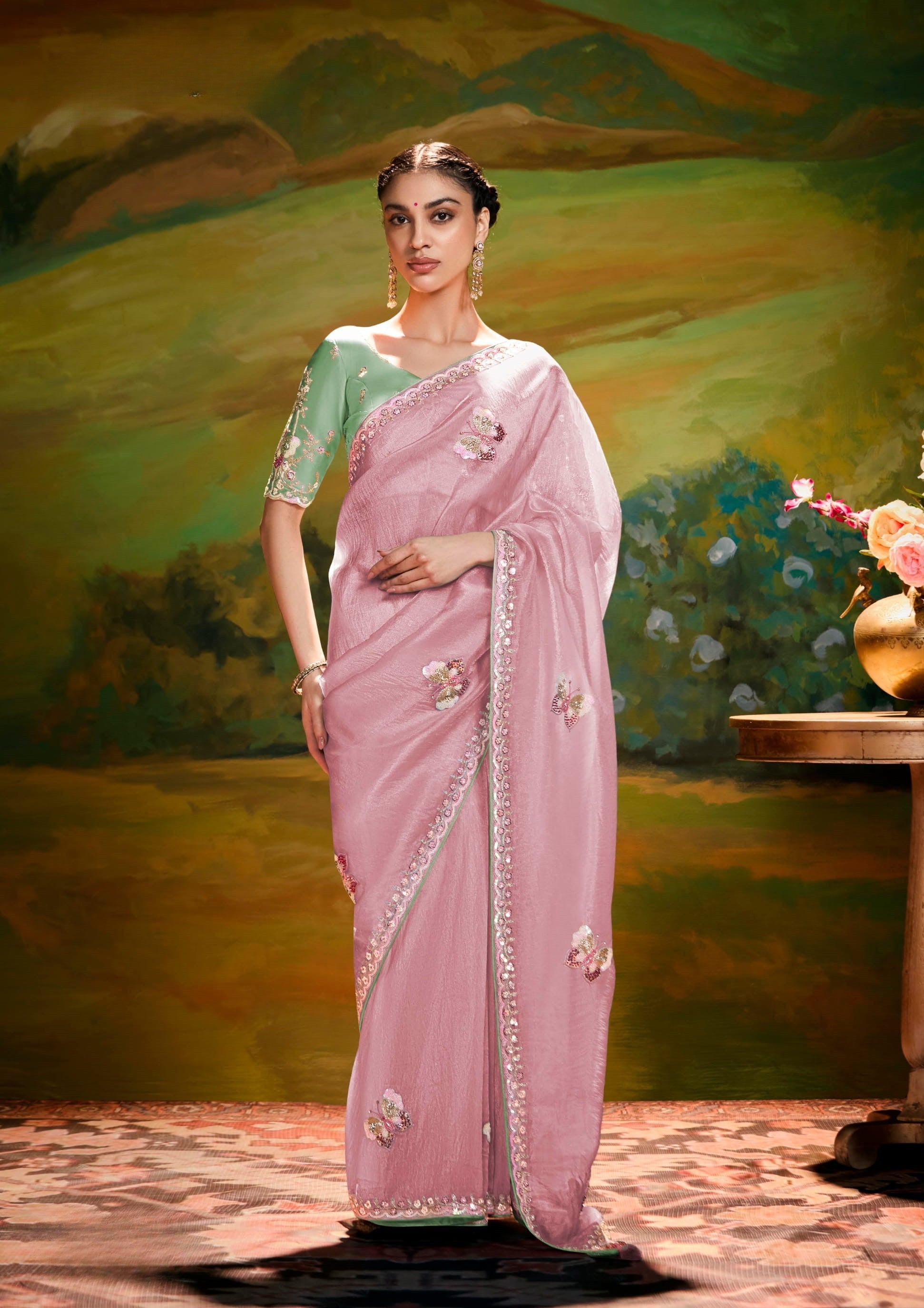 Pink Organza Cut Work Saree