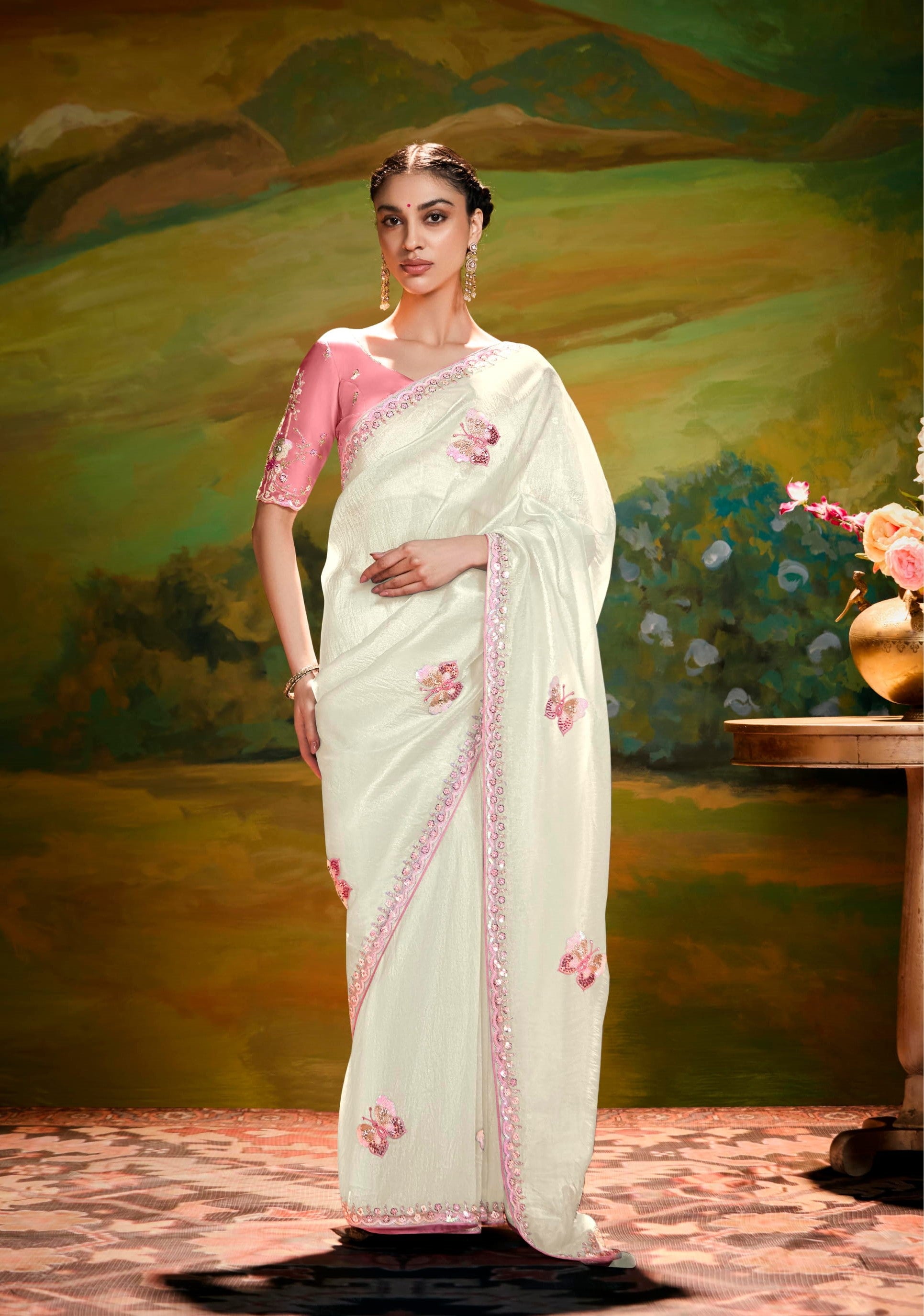 White Organza Cut Work Saree