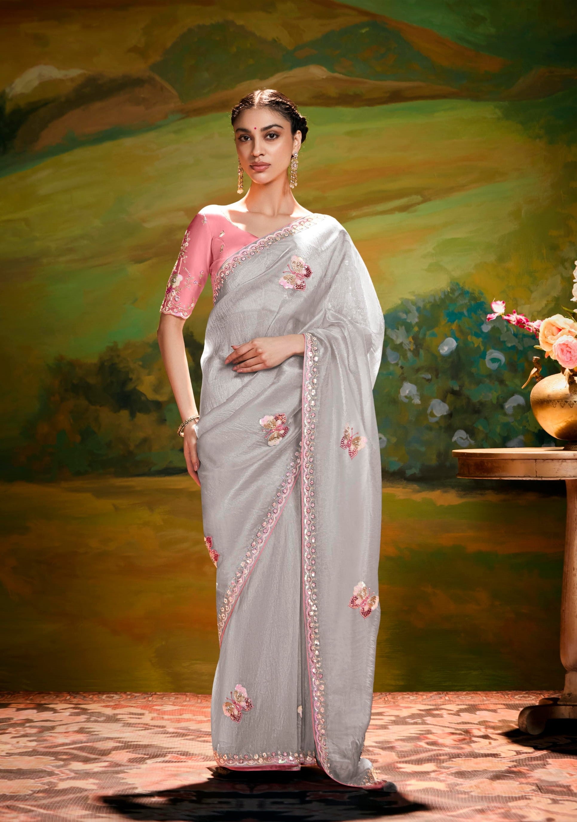 Grey Organza Cut Work Saree