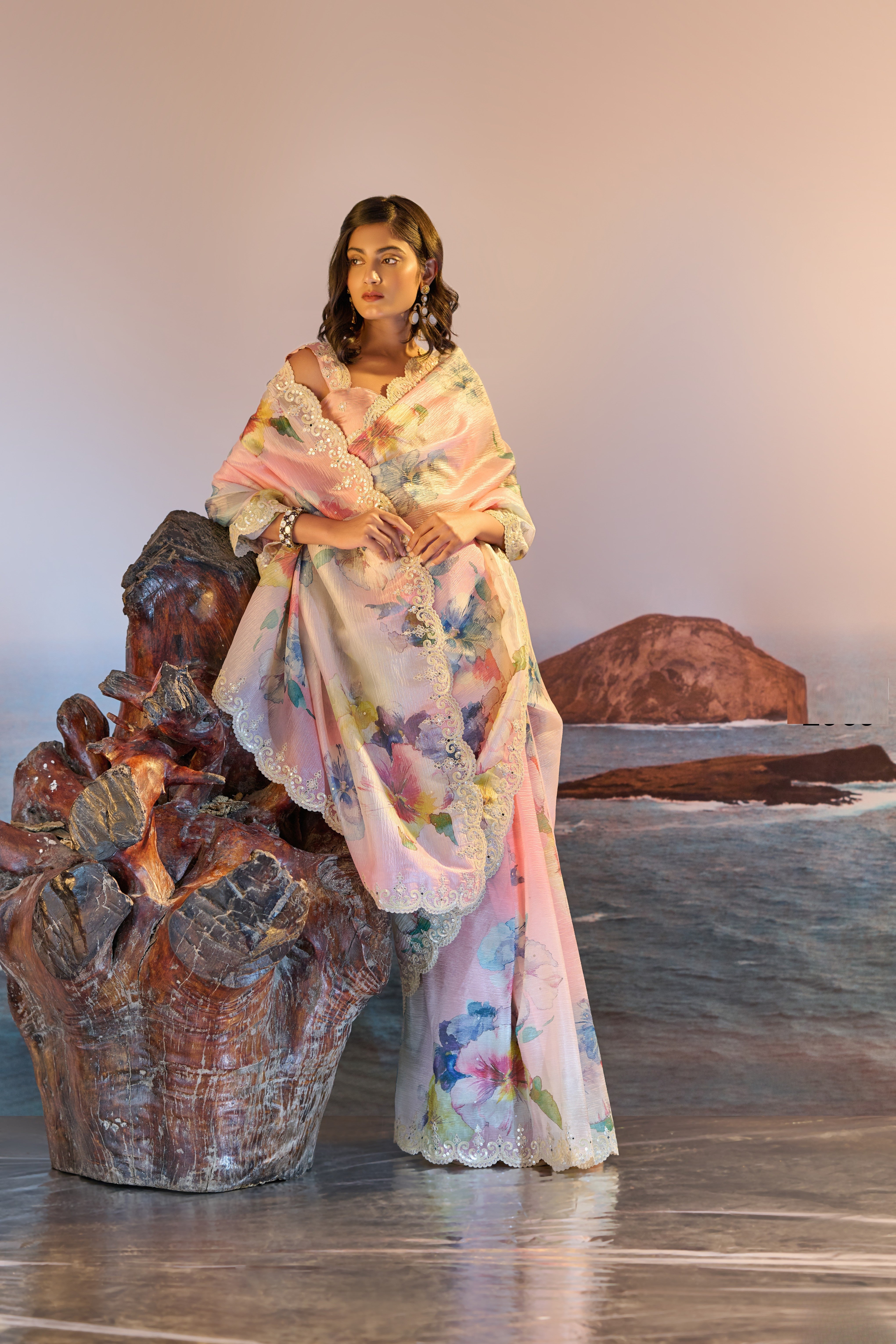 Pink Satin Chiffon Digital Print Embroidered Saree
